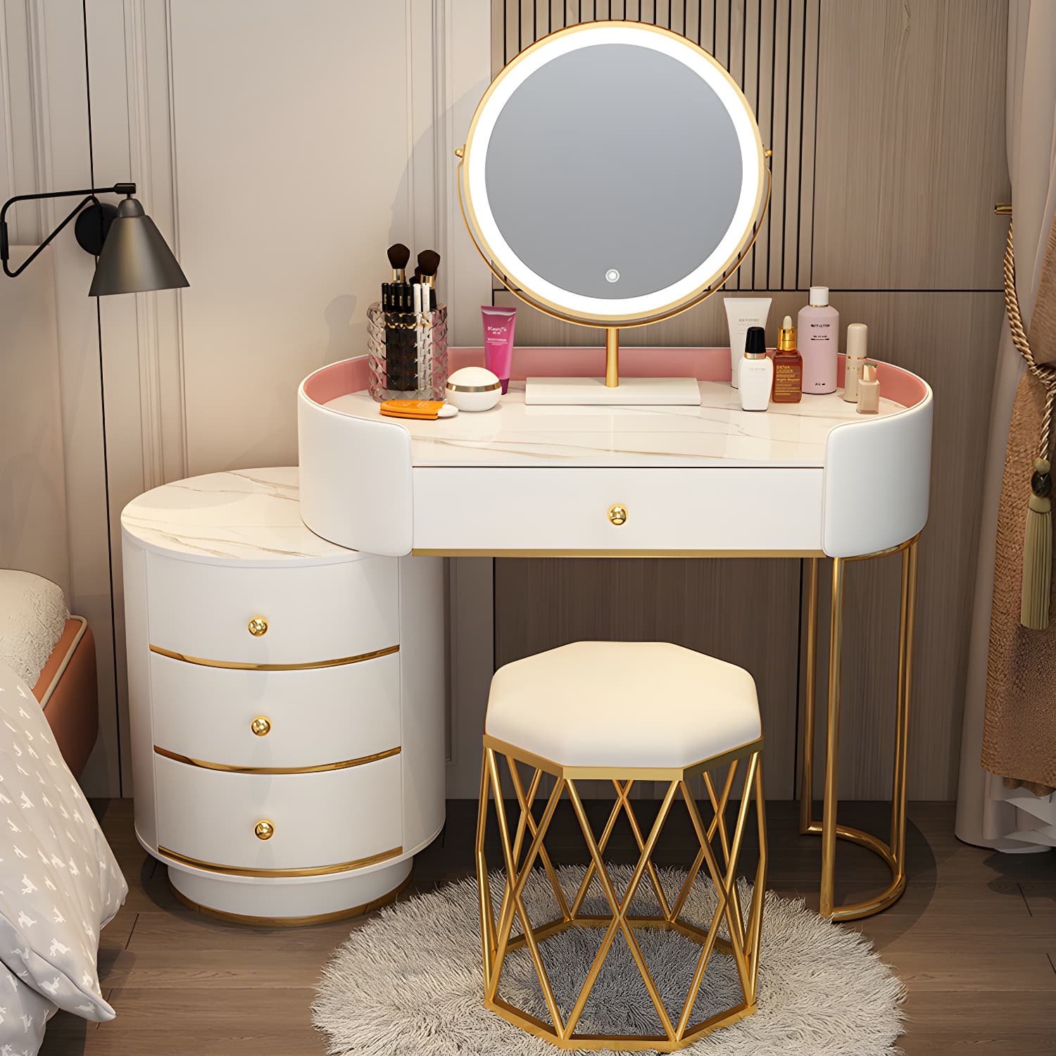 Modern Bedroom Metallic Lighted Mirror With Drawer Makeup Vanity Set