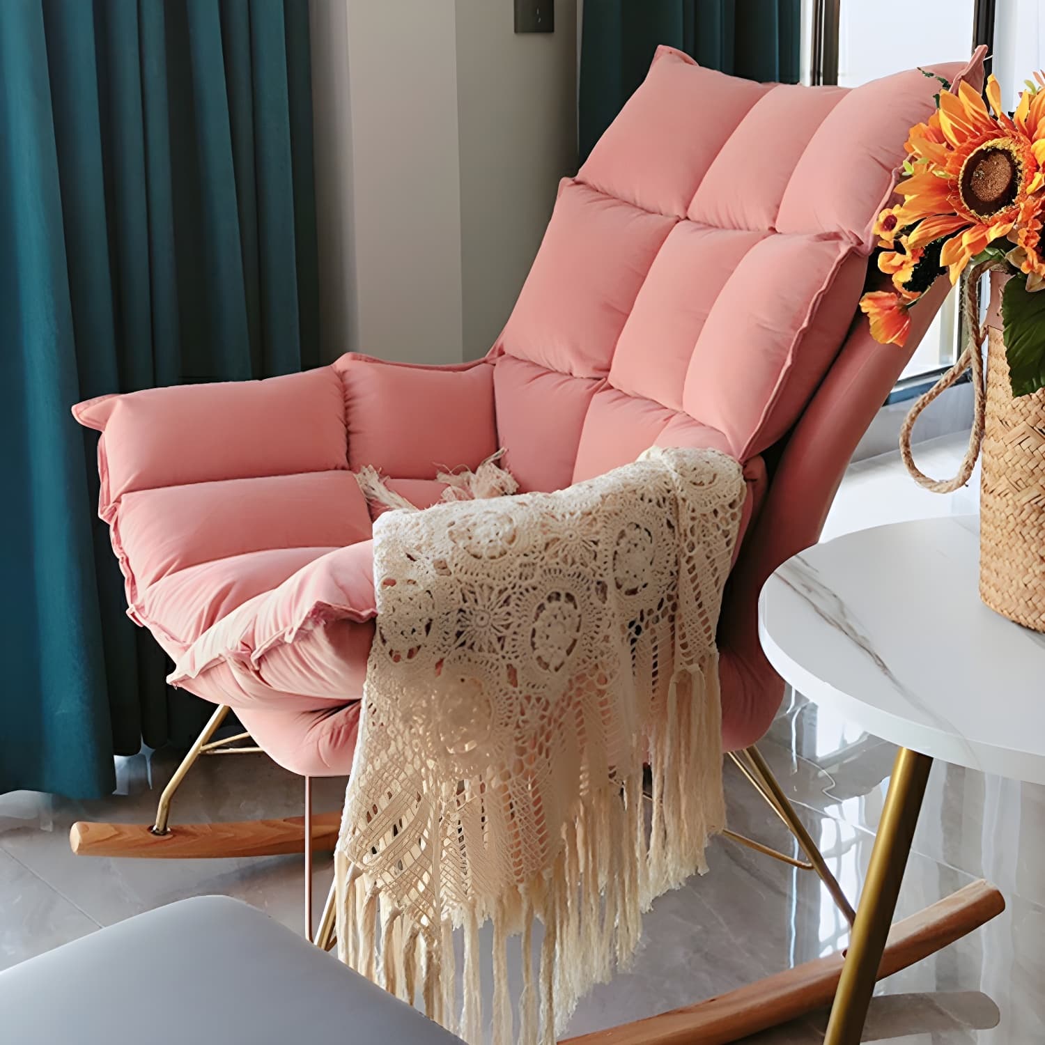 Rocking Accent Chair Upholstered Contemporary Living Room Spindle Tufted Cushions - image 8