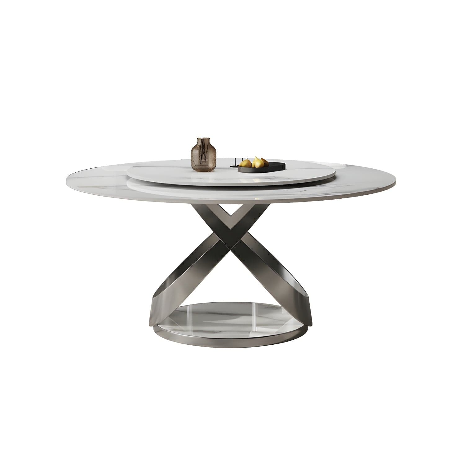 Stunning White Stone Round Dining Table with Lazy Susan and Silver Steel Pedestal Base - image 3