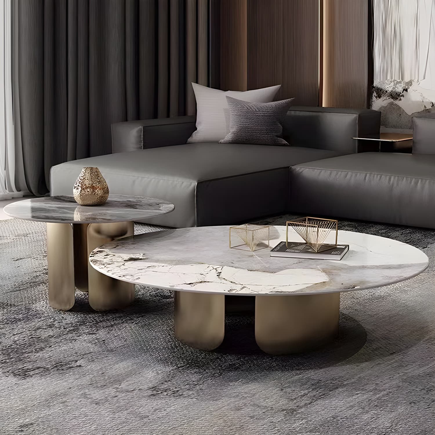 Chic Modern Round Beige Stone Top Coffee Table with Industrial Iron Base - image 5
