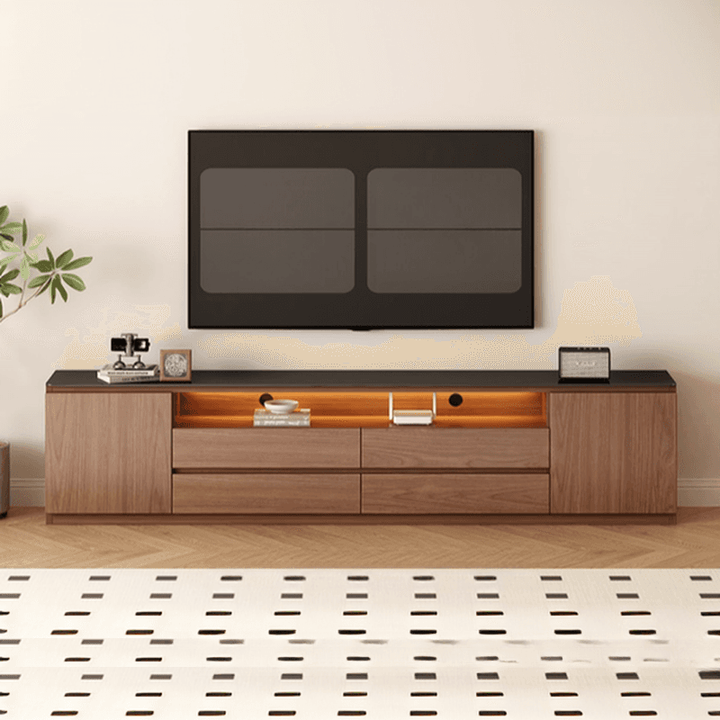 Brown TV Stand with Uncovered Storage, Shelf, 4-Drawer, 2 Cabinets/4 Cabinets, Cable Management & Light