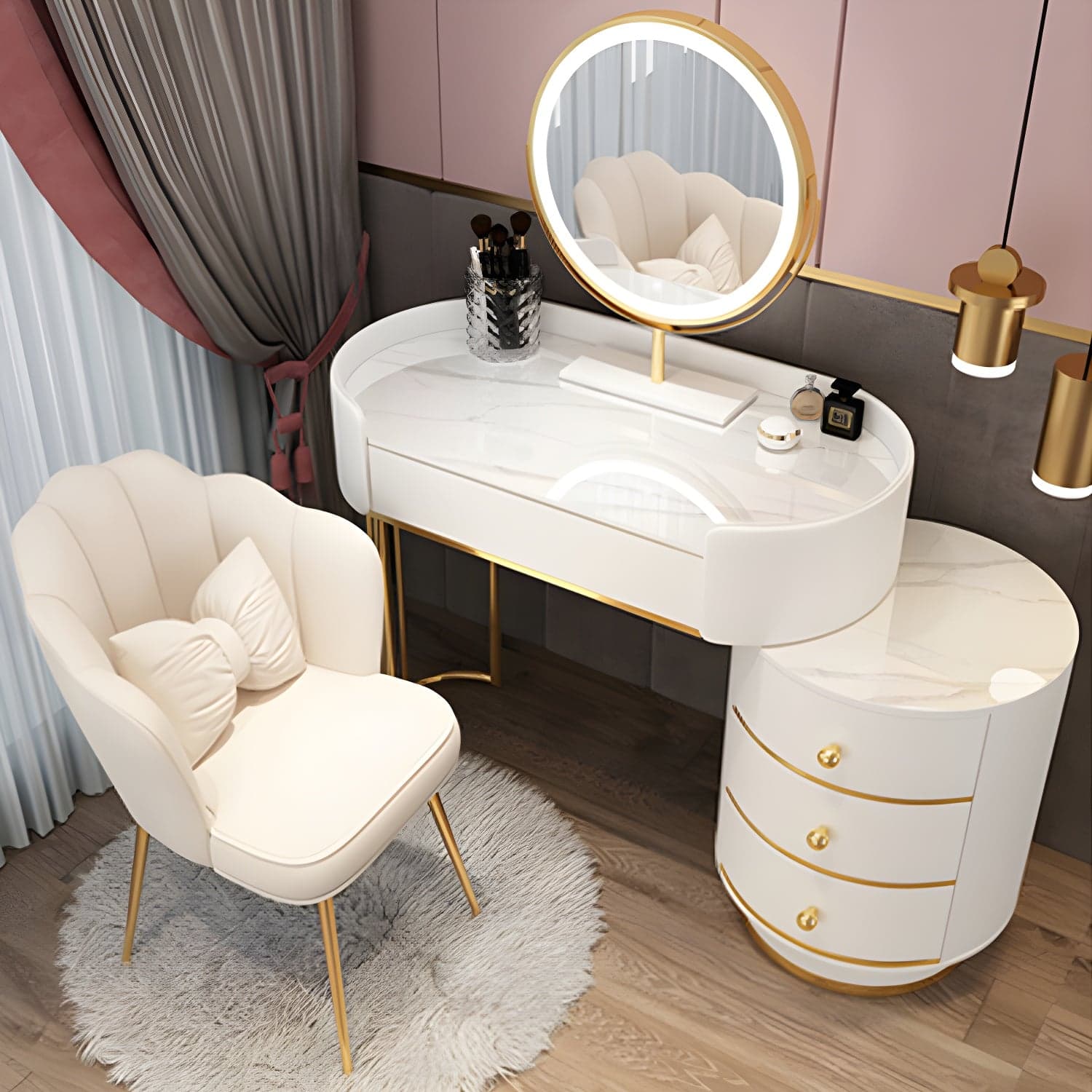 Contemporary Bedroom Metallic Lighted Mirror With Drawer Makeup Vanity Set - image 4