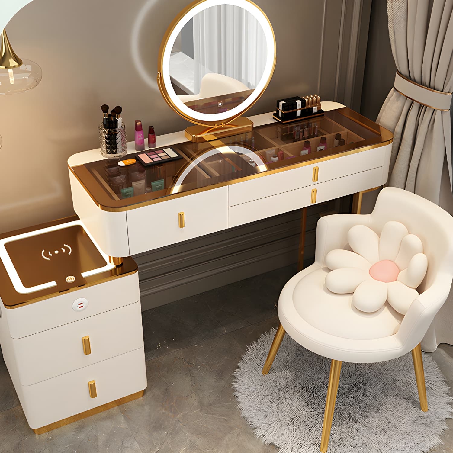 Glam Glass Top Mirrored Vanity Desk and Stool Set with 5 Drawers - image 7