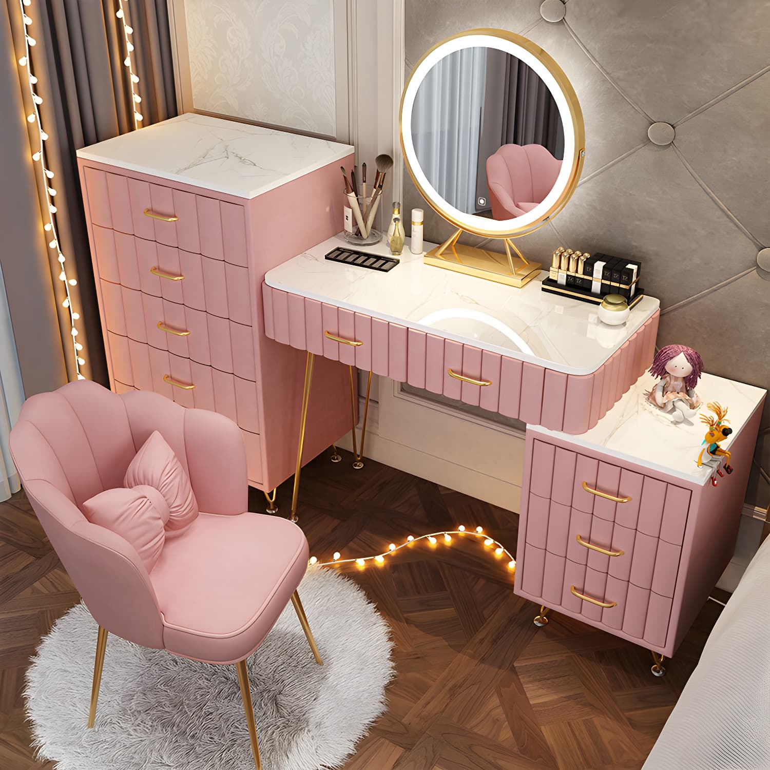Contemporary With Drawer Wooden Bedroom Lighted Mirror Make-up Vanity - image 5