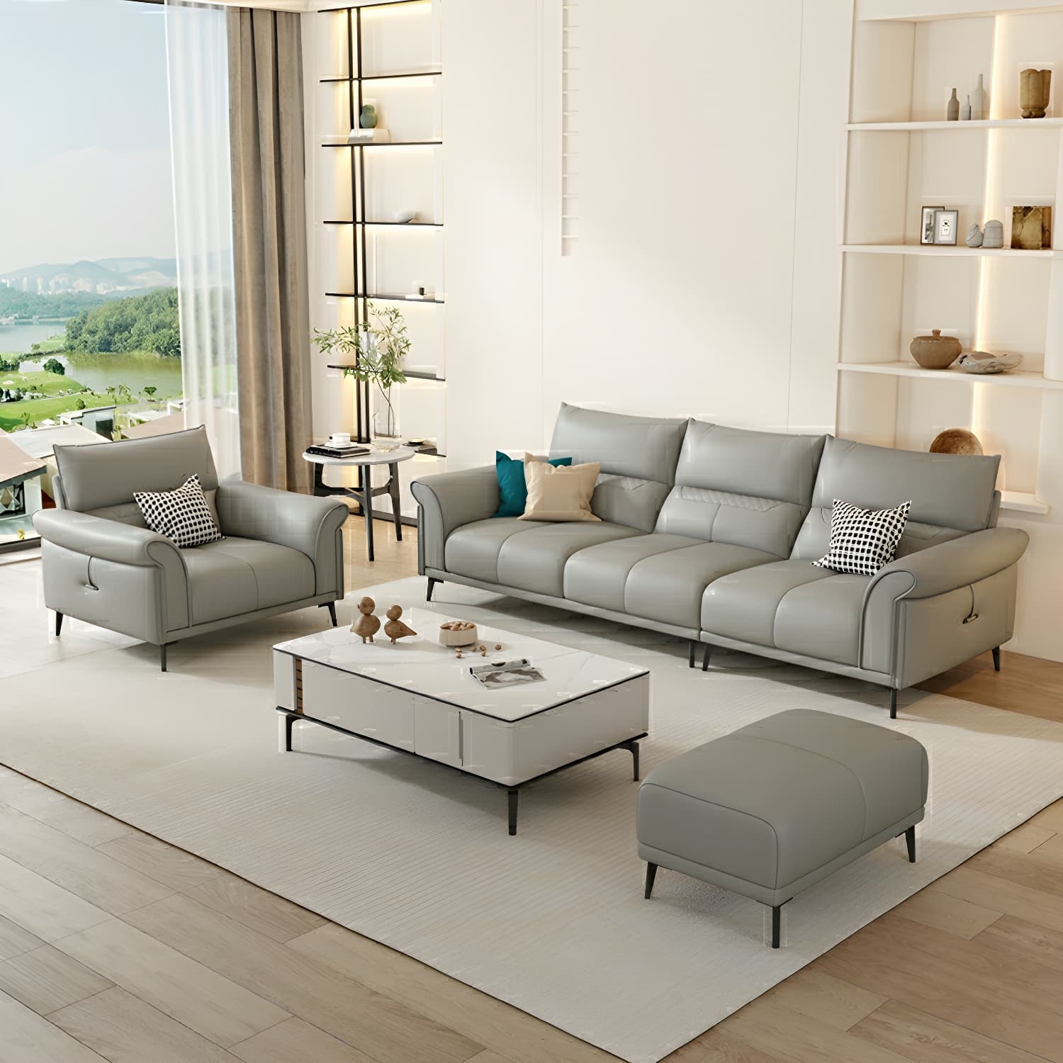 Modern Gray Genuine Leather Stationary Sectional Sofa with Flared Arms - image 4