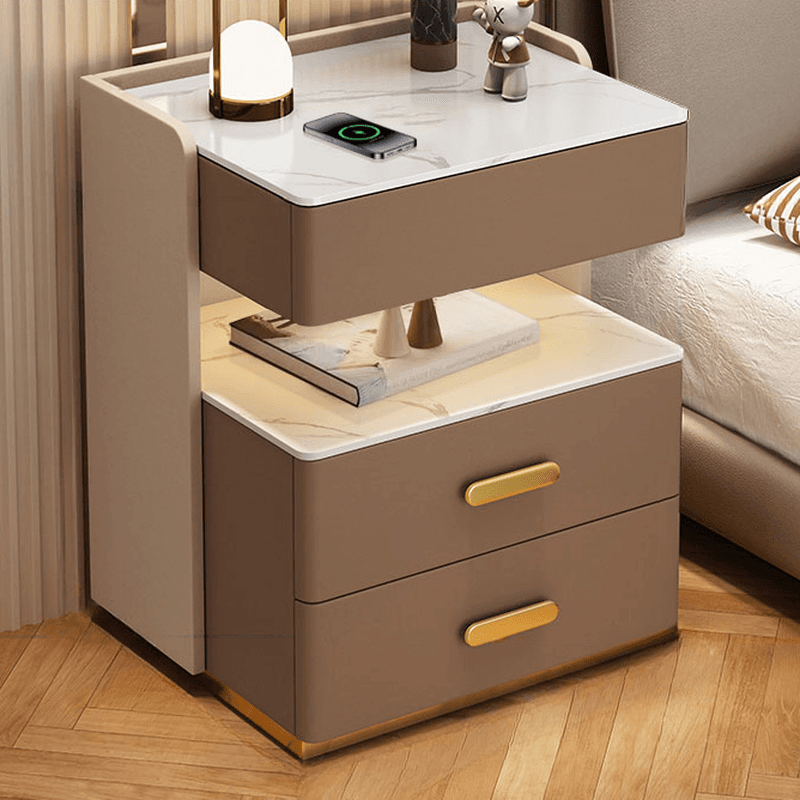 Postmodern Bedside Cabinet Nightstand with 2 Shelves and Sintered Stone Countertop