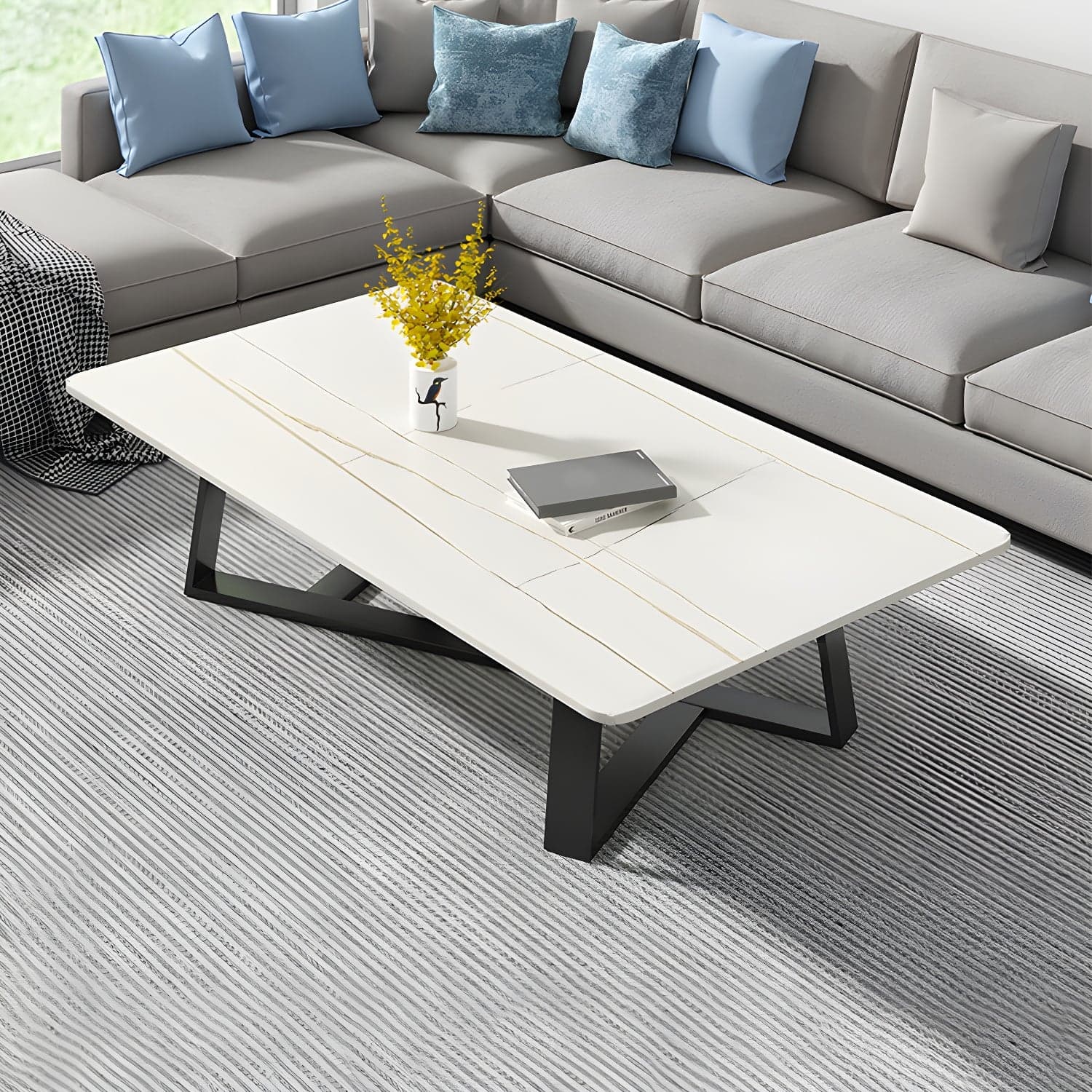 Stone and Metal Coffee Table Contemporary Coffee or End Table with Cross Legs - image 4