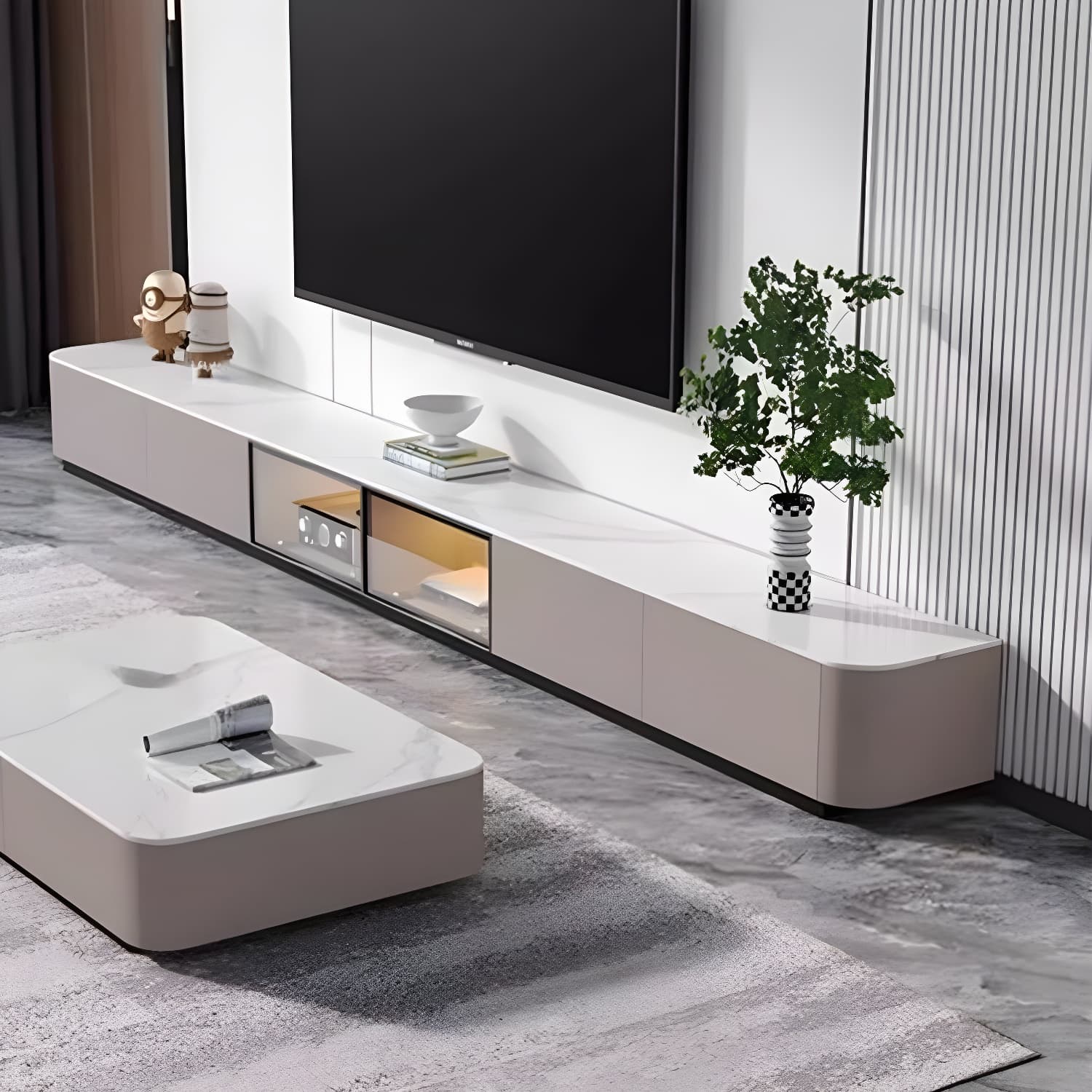 Modern White Stone Top TV Stand with Storage and Cable Management - image 11