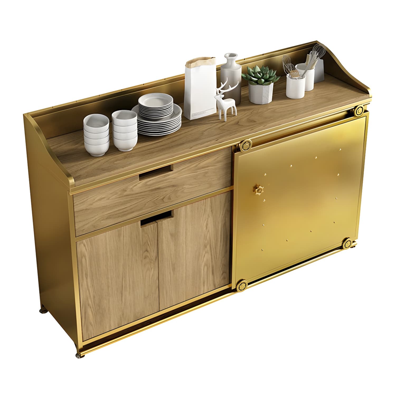 Modern Metal Sideboard with Wood Countertop, Cabinets, and Drawers