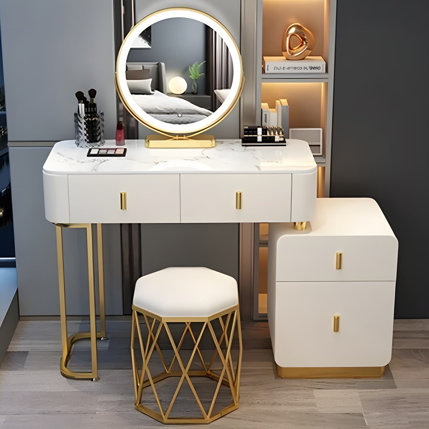 Modern Stone Top Makeup Vanity Desk with Solid Wood Storage Drawers - image 6