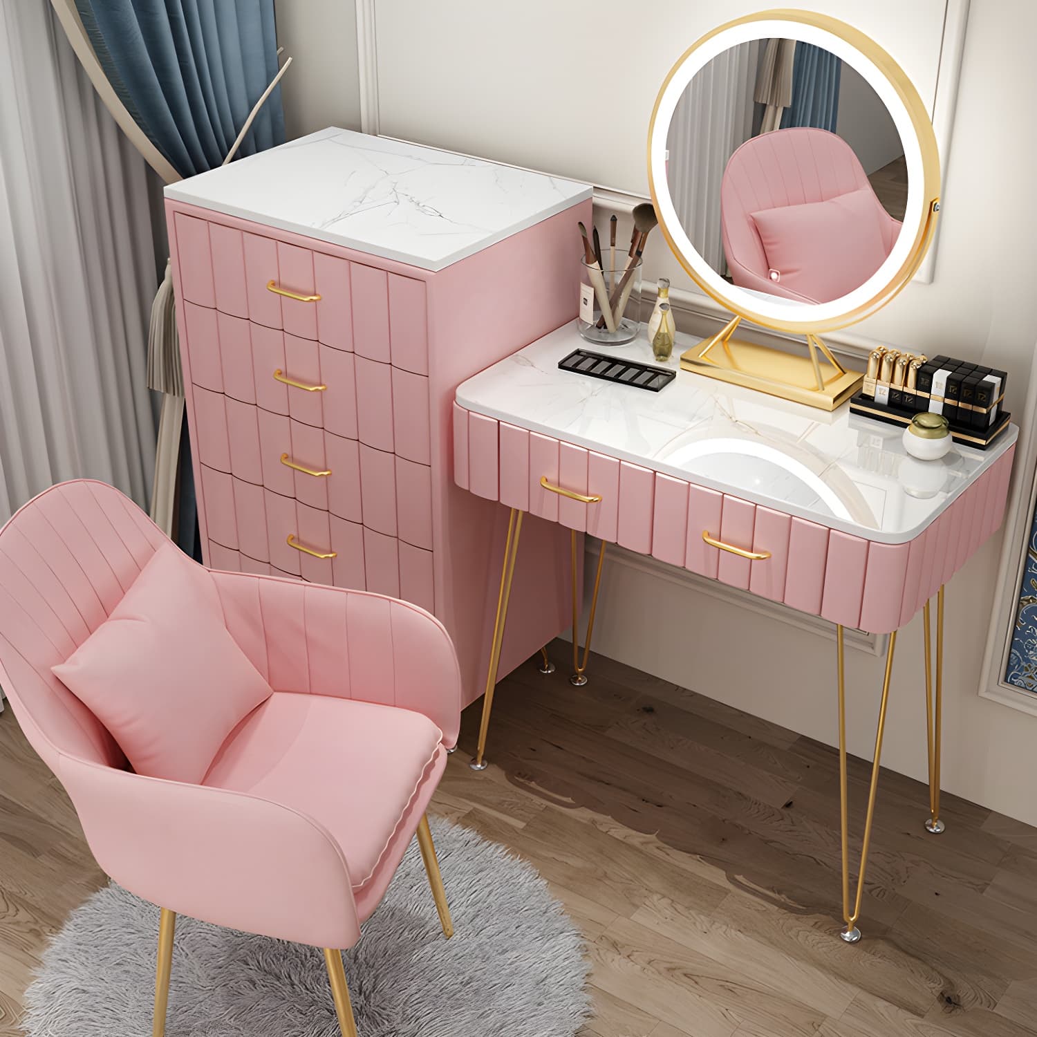 Contemporary With Drawer Wooden Bedroom Lighted Mirror Make-up Vanity - image 8