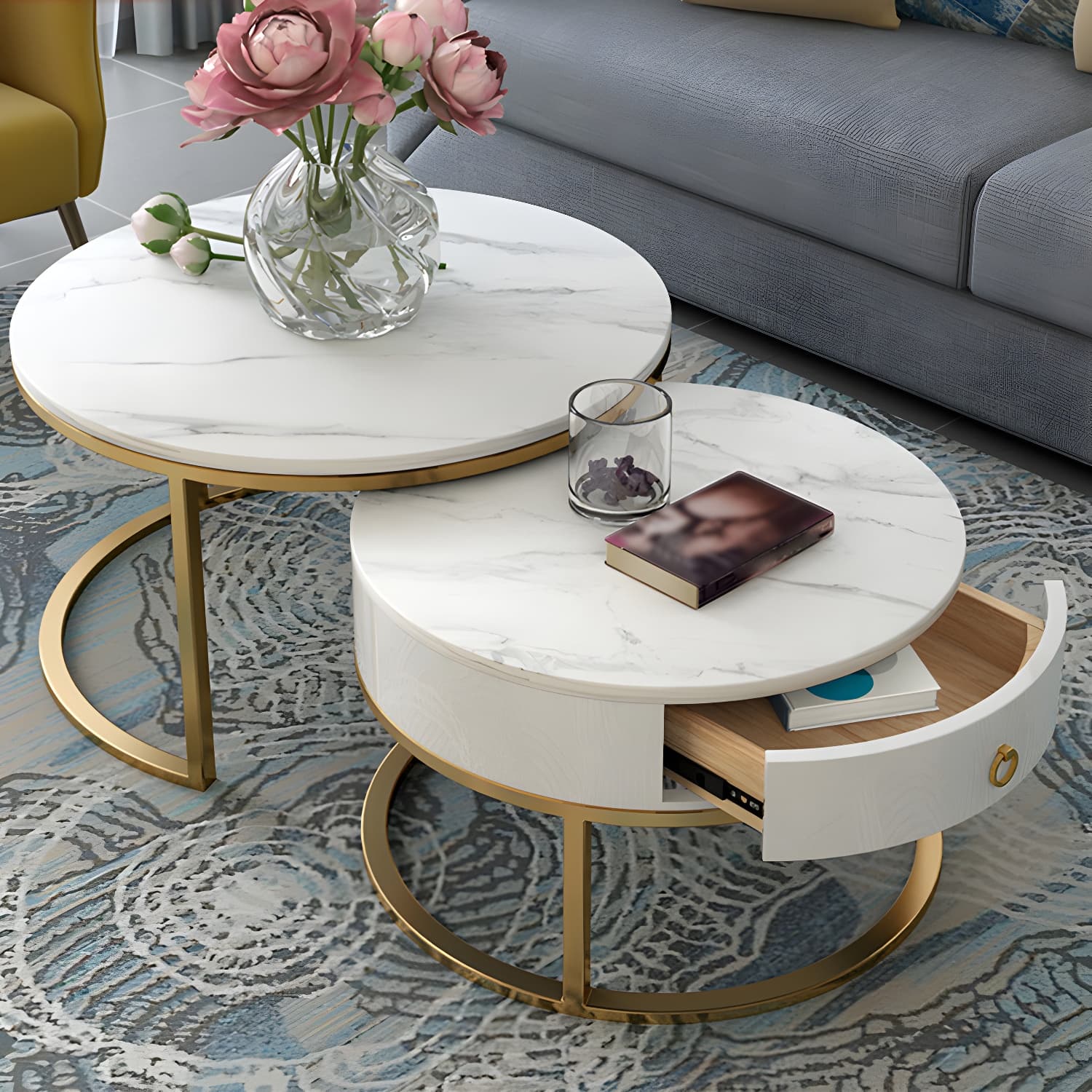 Round Frame Coffee Table Slate Nesting Coffee Table Set with Drawer