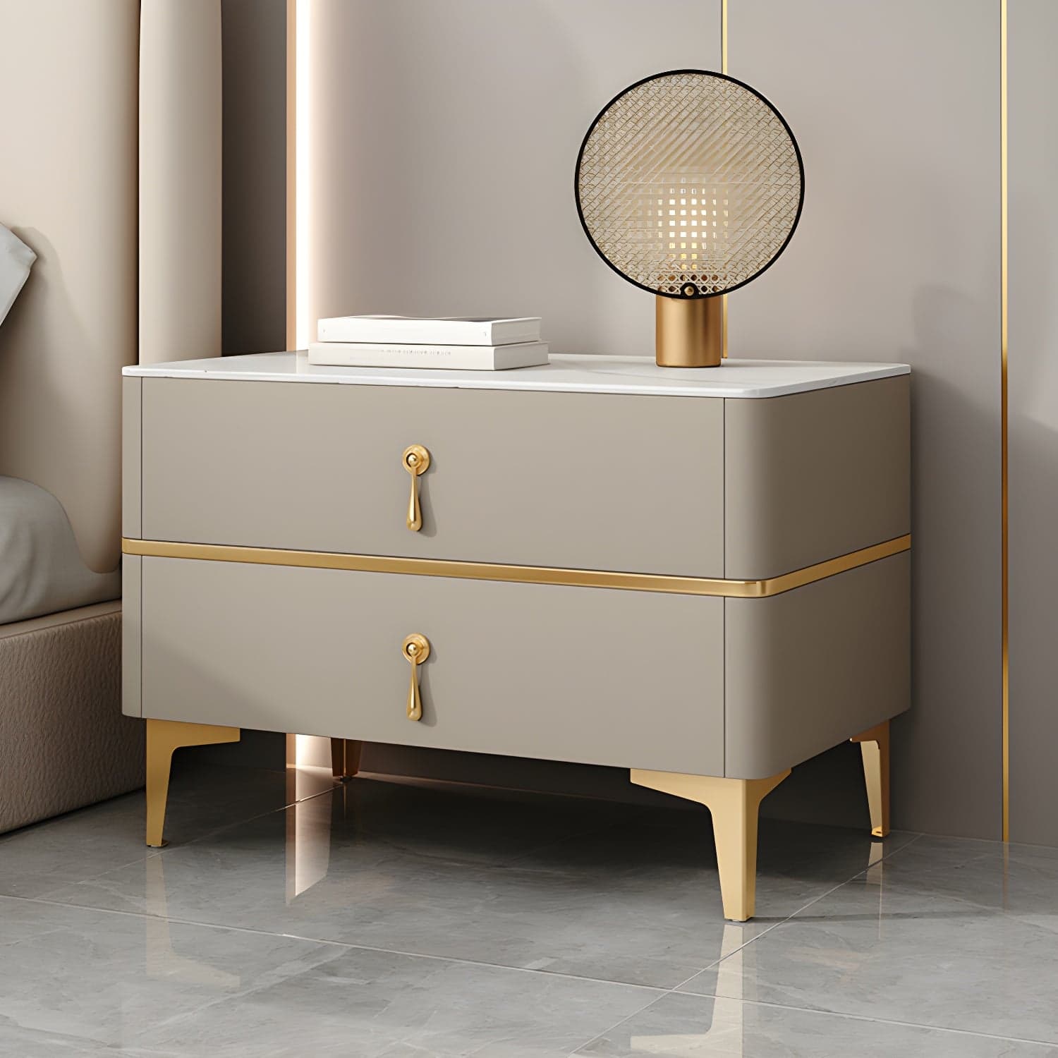 Glam Style Sintered Stone Top 2- Drawer Nightstand with Legs for Bedroom - image 4