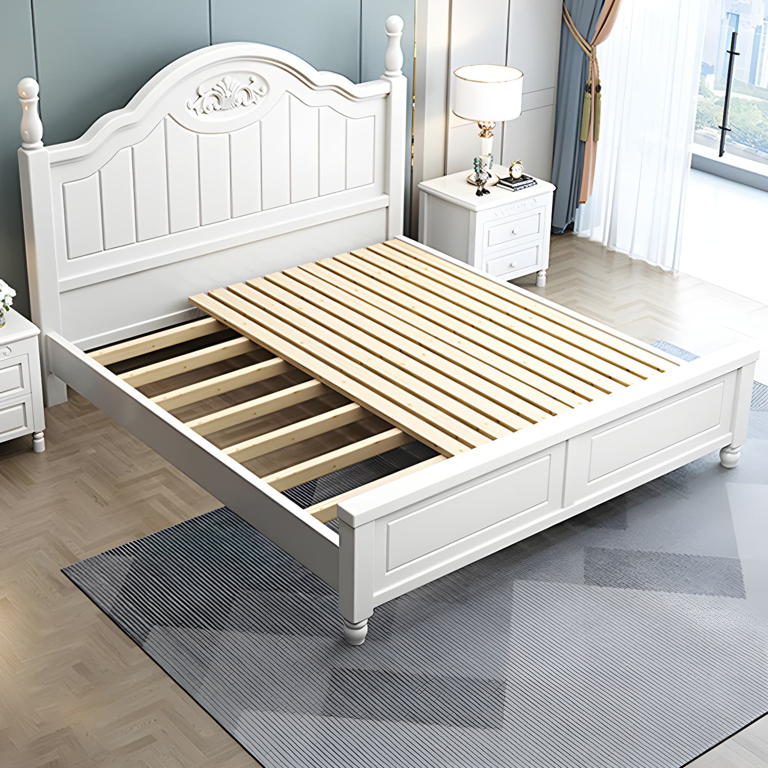 French Country Bed 83.46" Long Bed with Arched Headboard in White - image 4