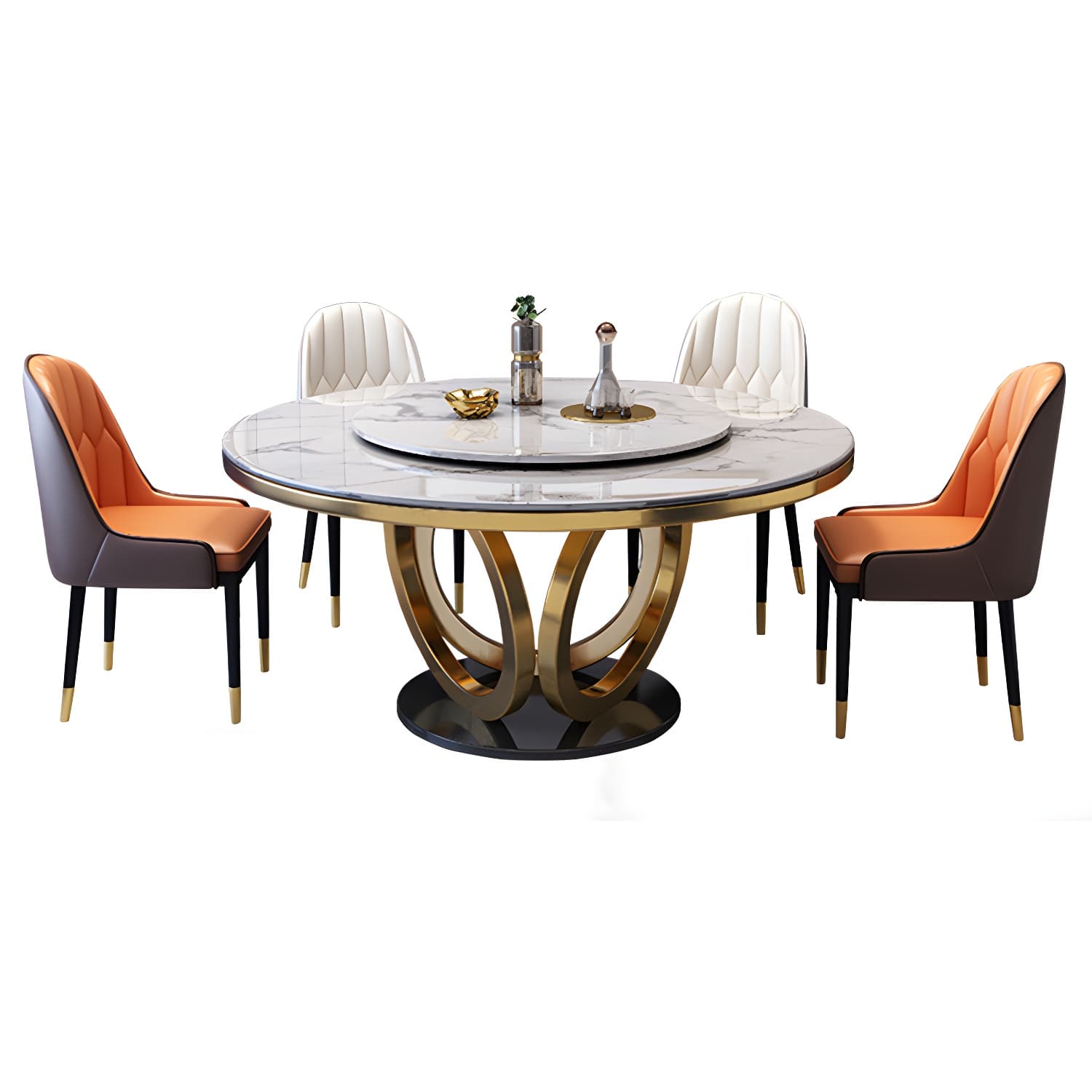Glamorous Round Marble Dining Set with Gold Metal Pedestal Base and Upholstered White Chairs - image 9