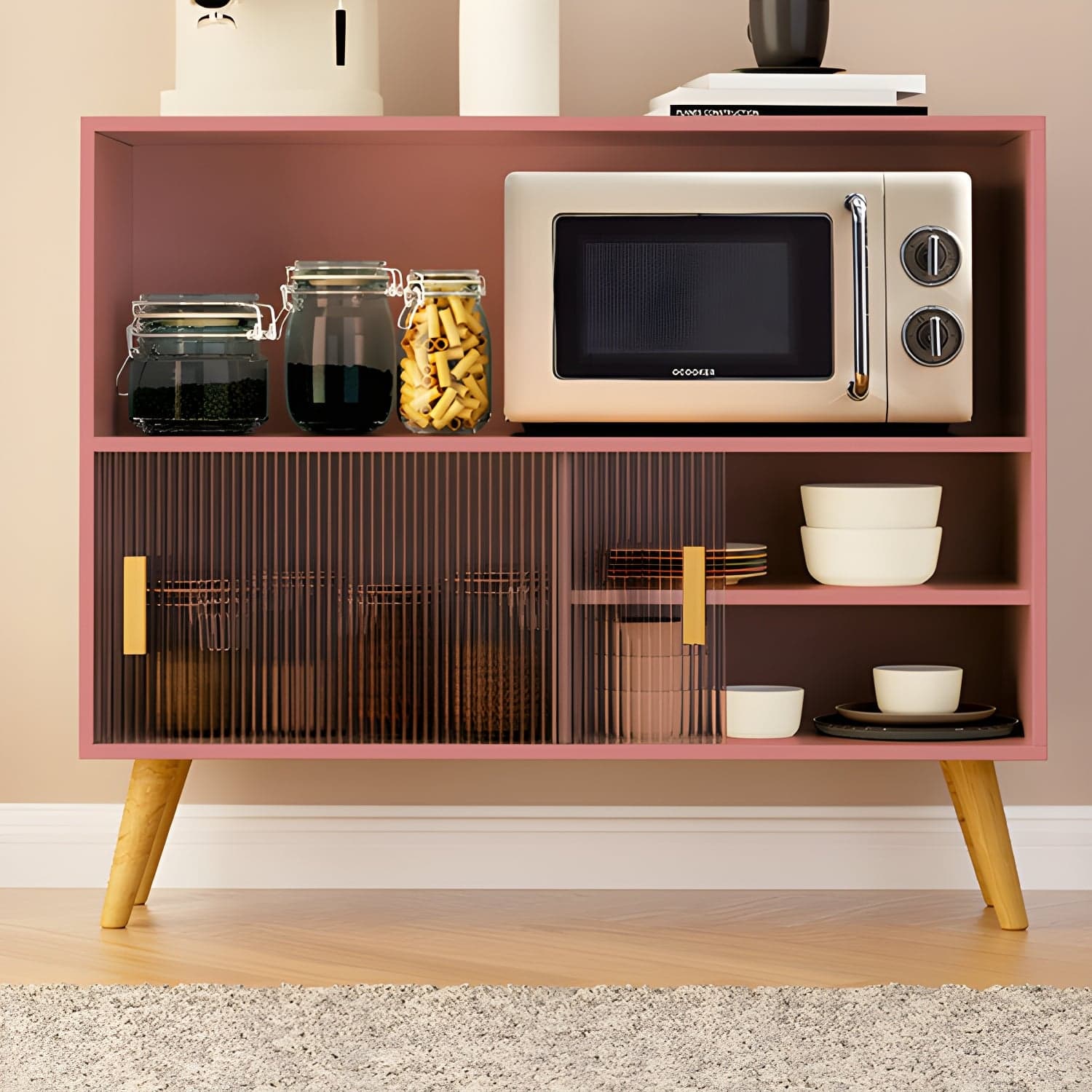 Scandinavian Wood Buffet Table with Acrylic Sliding Doors and Cabinet - image 7