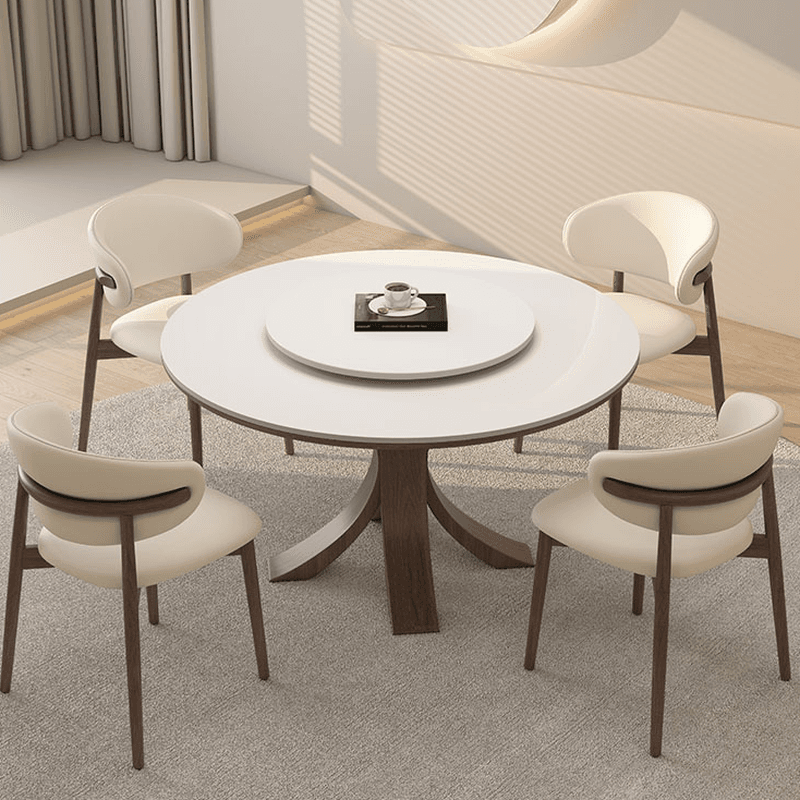 Dining Table Set with Rounded Stump Base and Fixed Table, Featuring Padded Chair with Back, 5-piece in White