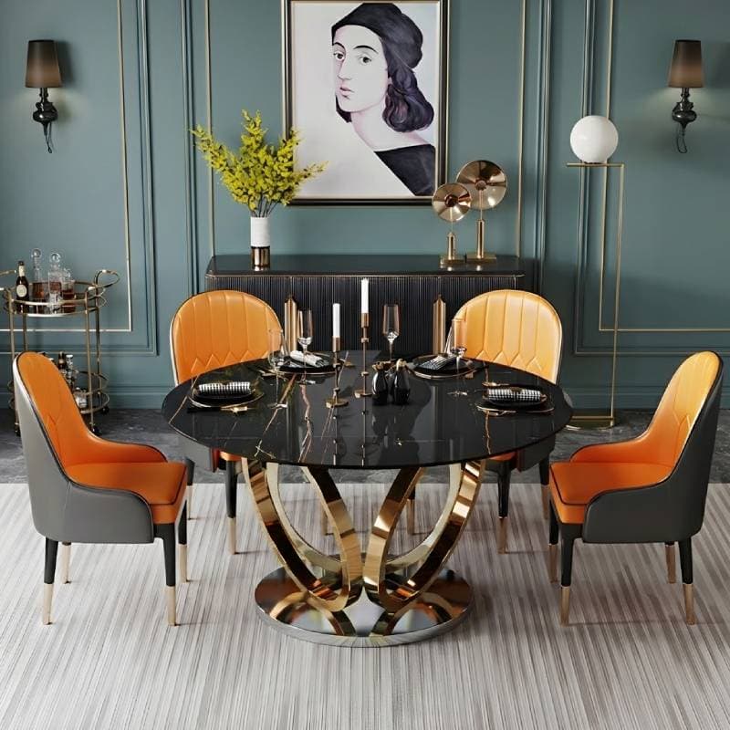 Round Marble Modern Dining Table with Gold Steel Pedestal Base - Standard Height