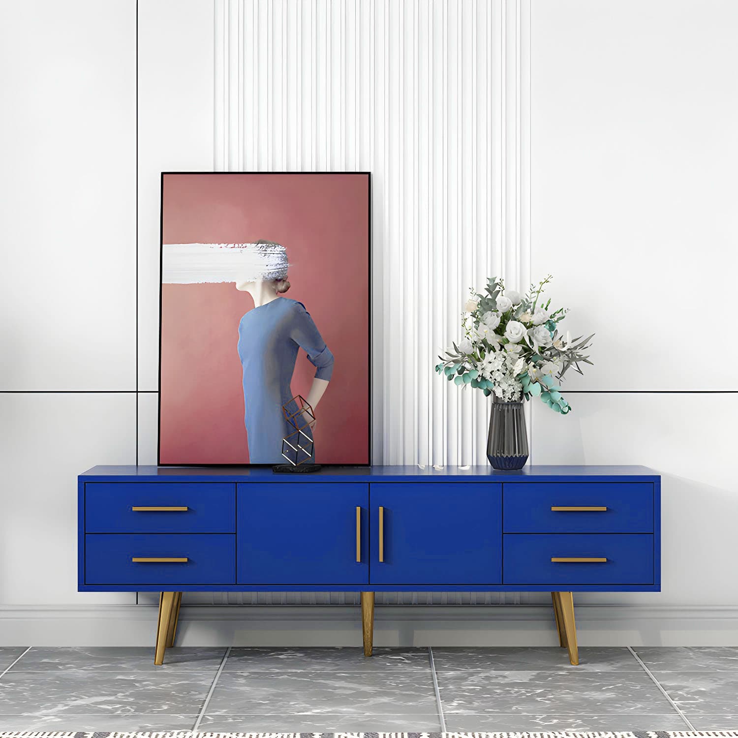 Scandinavian Engineered Wood TV Media Stand Matte Finish Media Console with Drawers