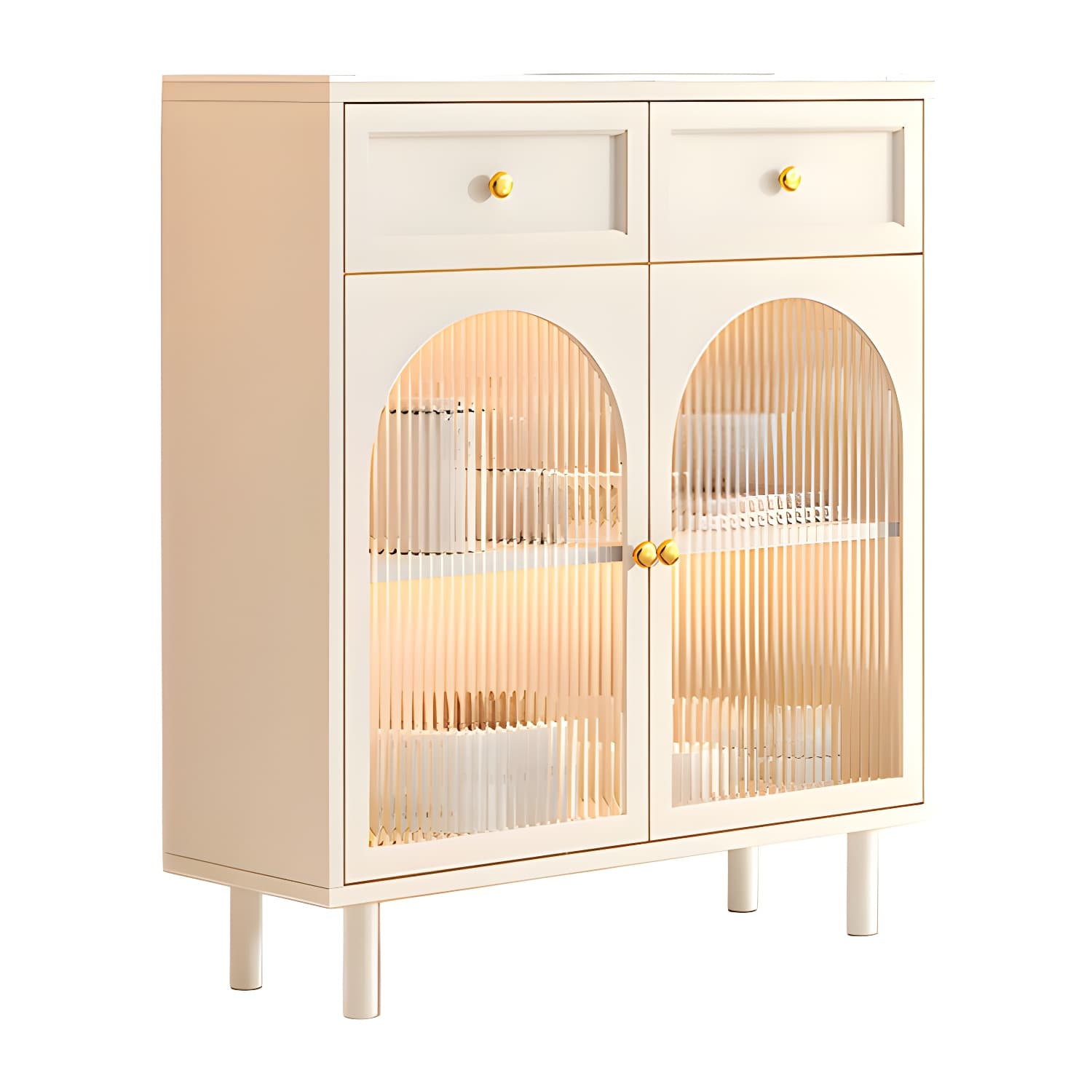 Scandinavian Wood Buffet Sideboard with Stone Countertop and Glass Doors - image 17