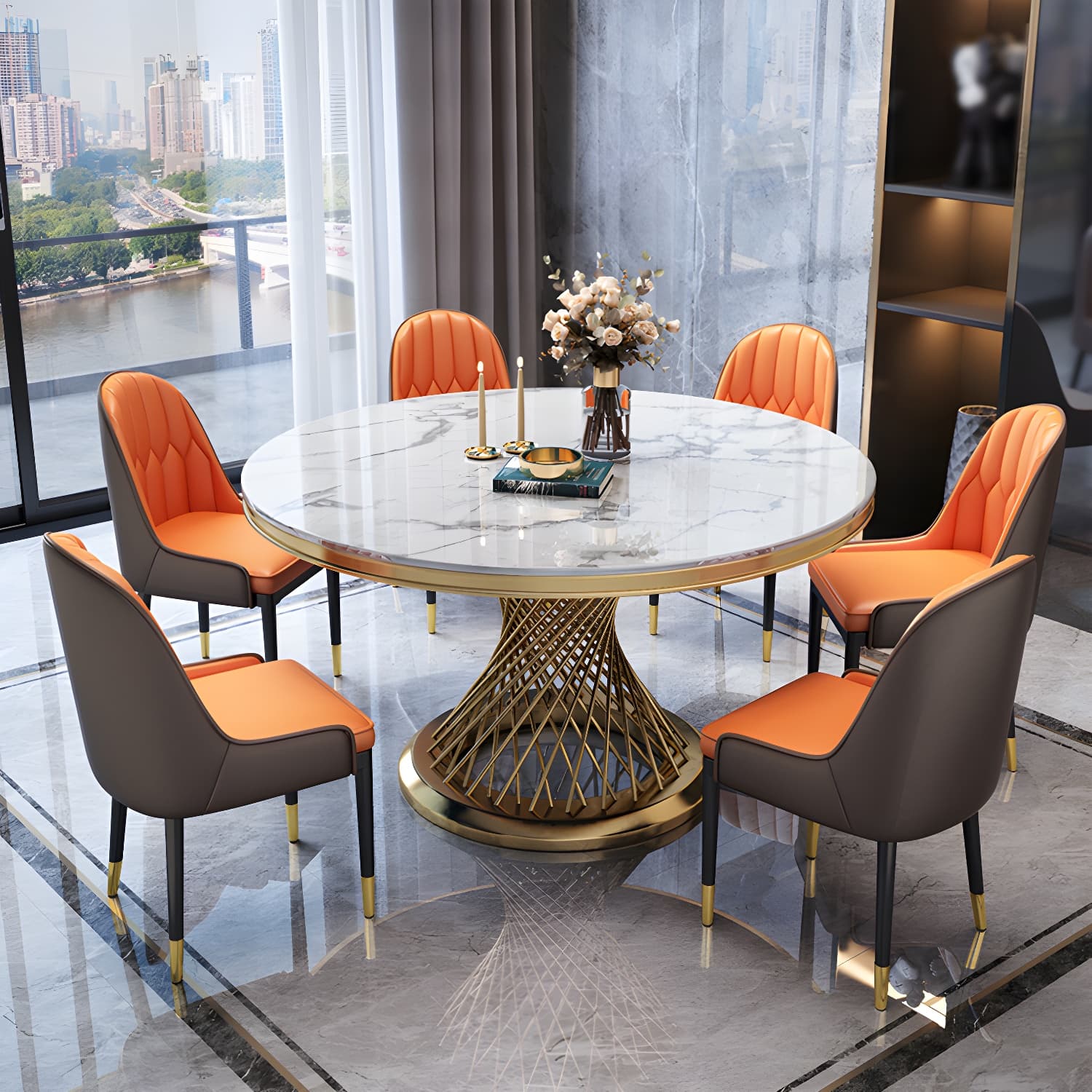 Round White Marble Modern Dining Table with Gold Steel Pedestal Base - image 3