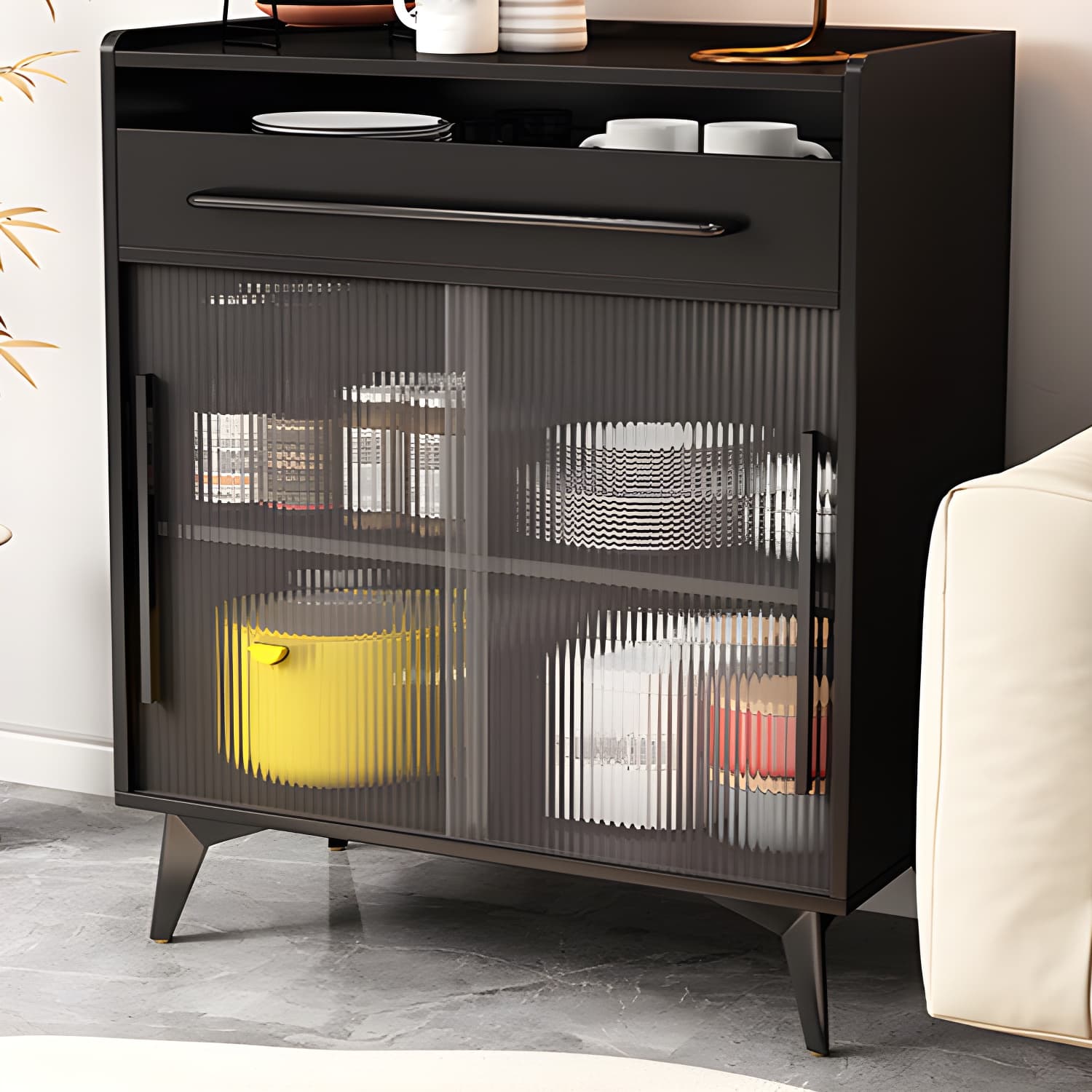 Scandinavian Wood Sideboard Credenza with Acrylic Doors and Drawers