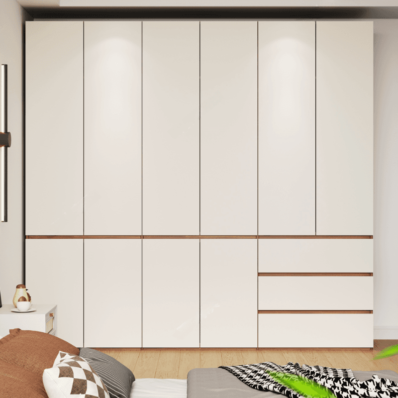 White Minimalist Manufactured Wood Independent Wardrobe Closet with Soft Close Drawer, Soft Close Door, and Interior Shelves