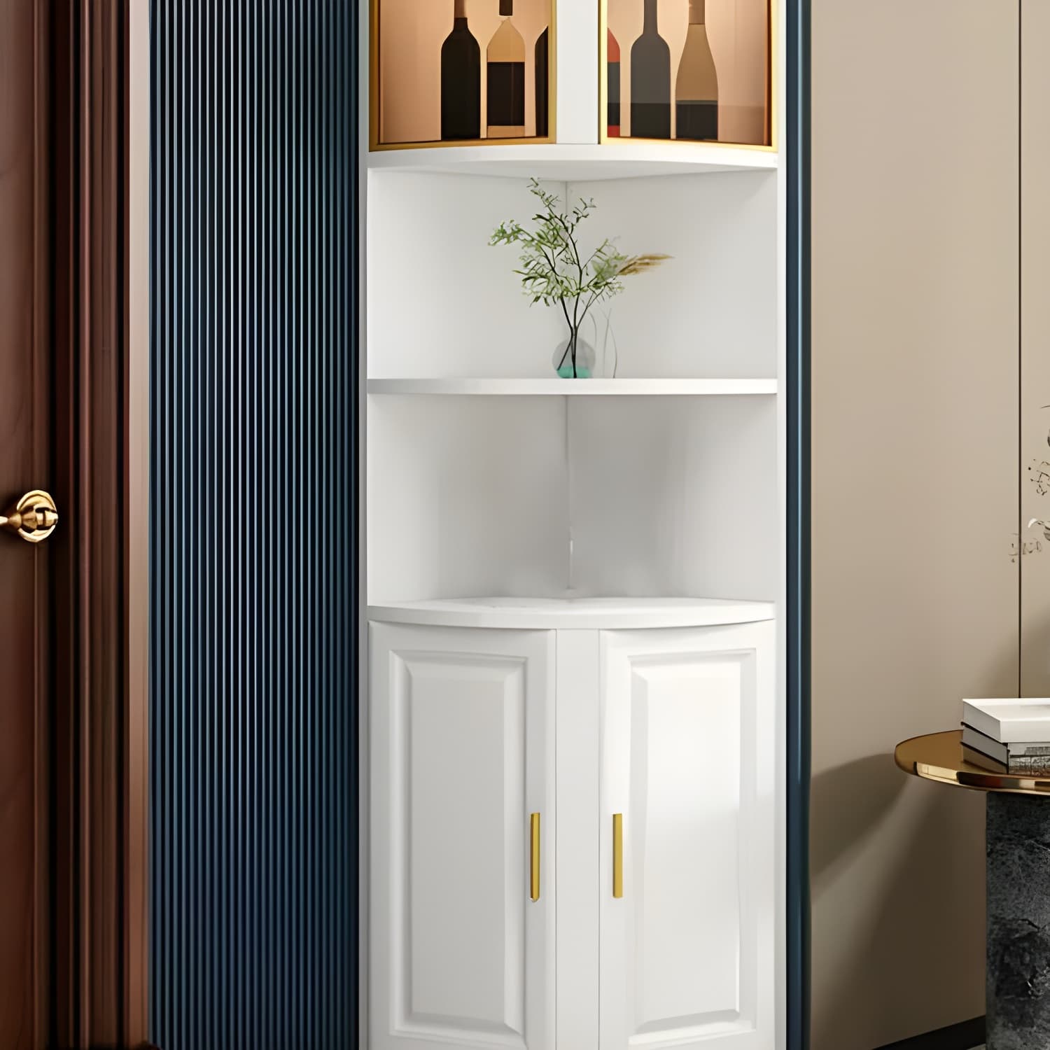 Modern White Corner Accent Cabinet with Glass Doors and 2 Interior Shelves - image 6