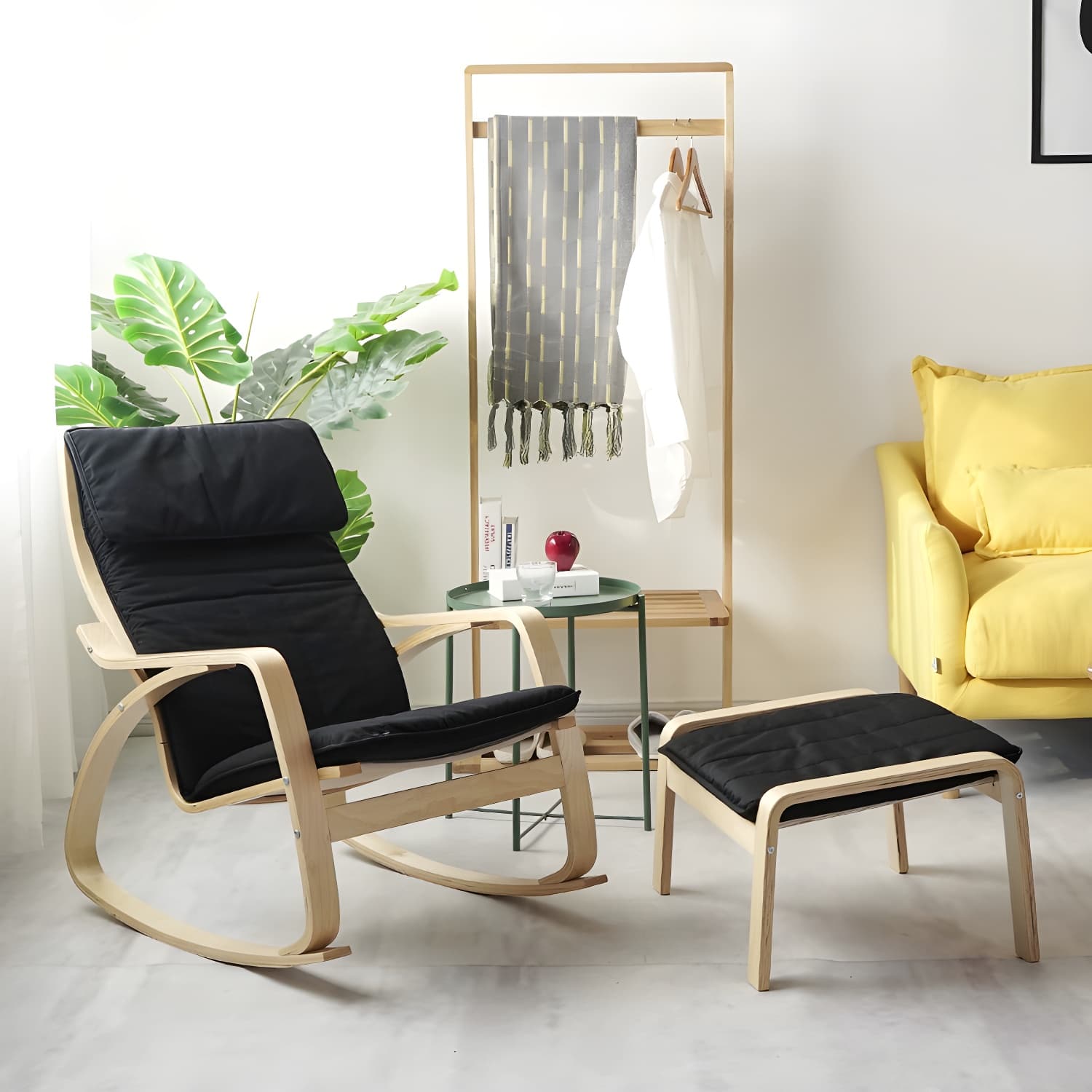 Modern Upholstered Rocking Chair Set with Track Arms and Matching Ottoman