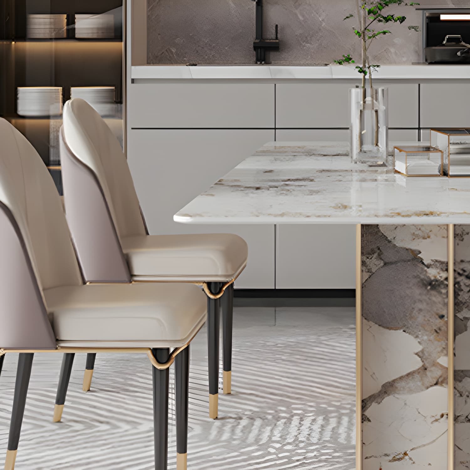 1/4/5/9 Pieces Rectangle Glam Furniture Stone Dining Table Set with Double Pedestal Base - image 8