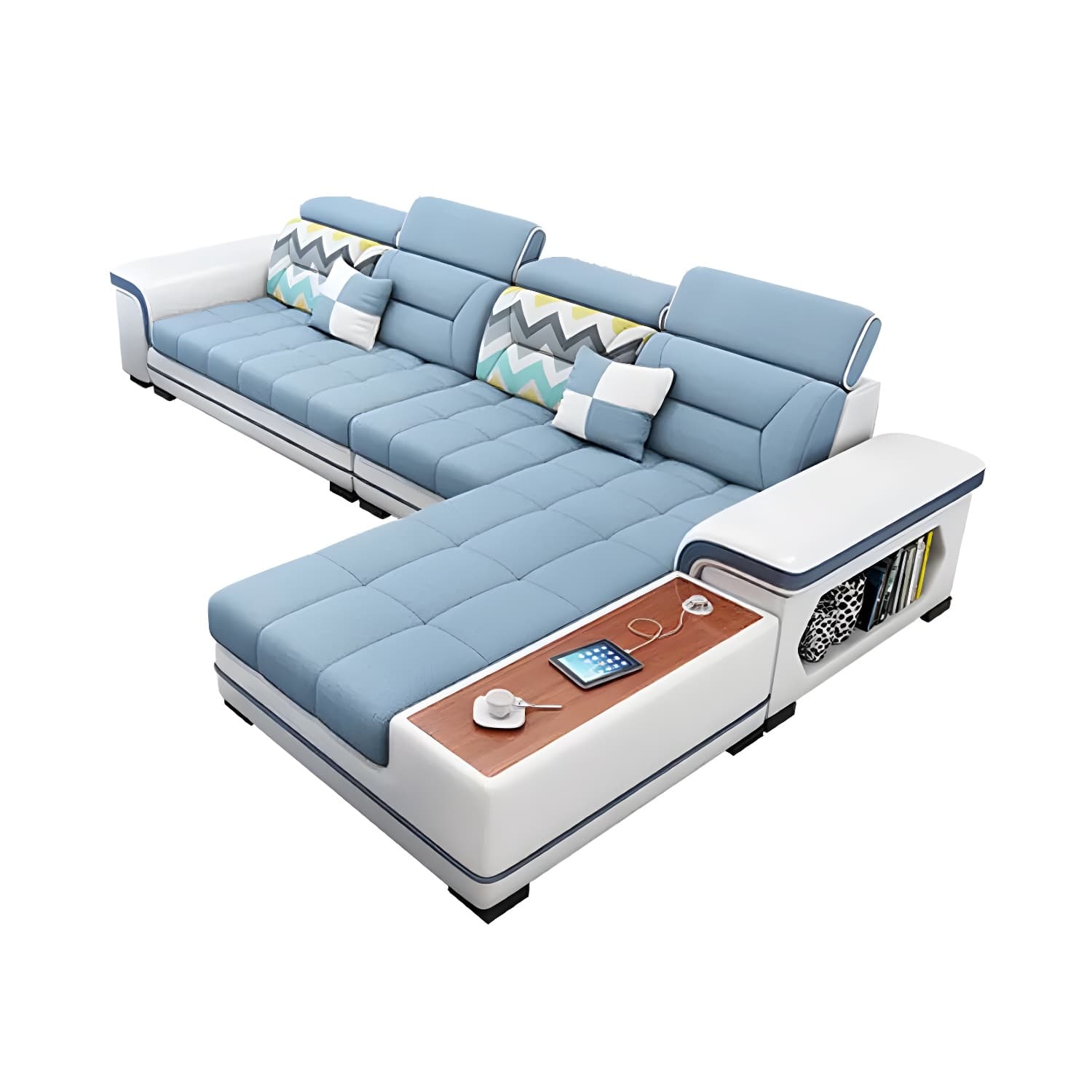 Scandinavian Blue Sectional Sofa with Wood Frame, Cushion Back, and Storage Included with Shelves - image 5