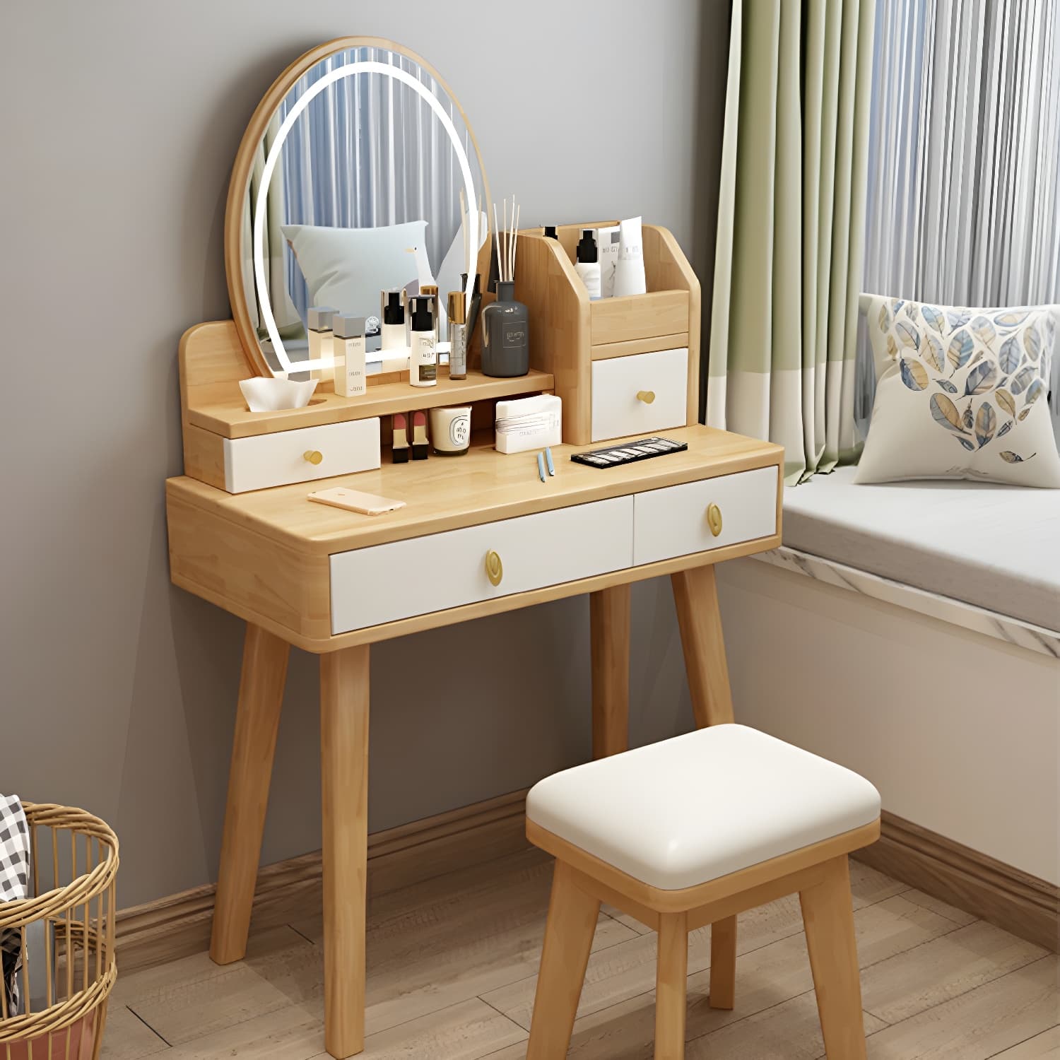 Modern Wood Makeup Vanity with Drawers, Mirror & Upholstered Chair - image 9