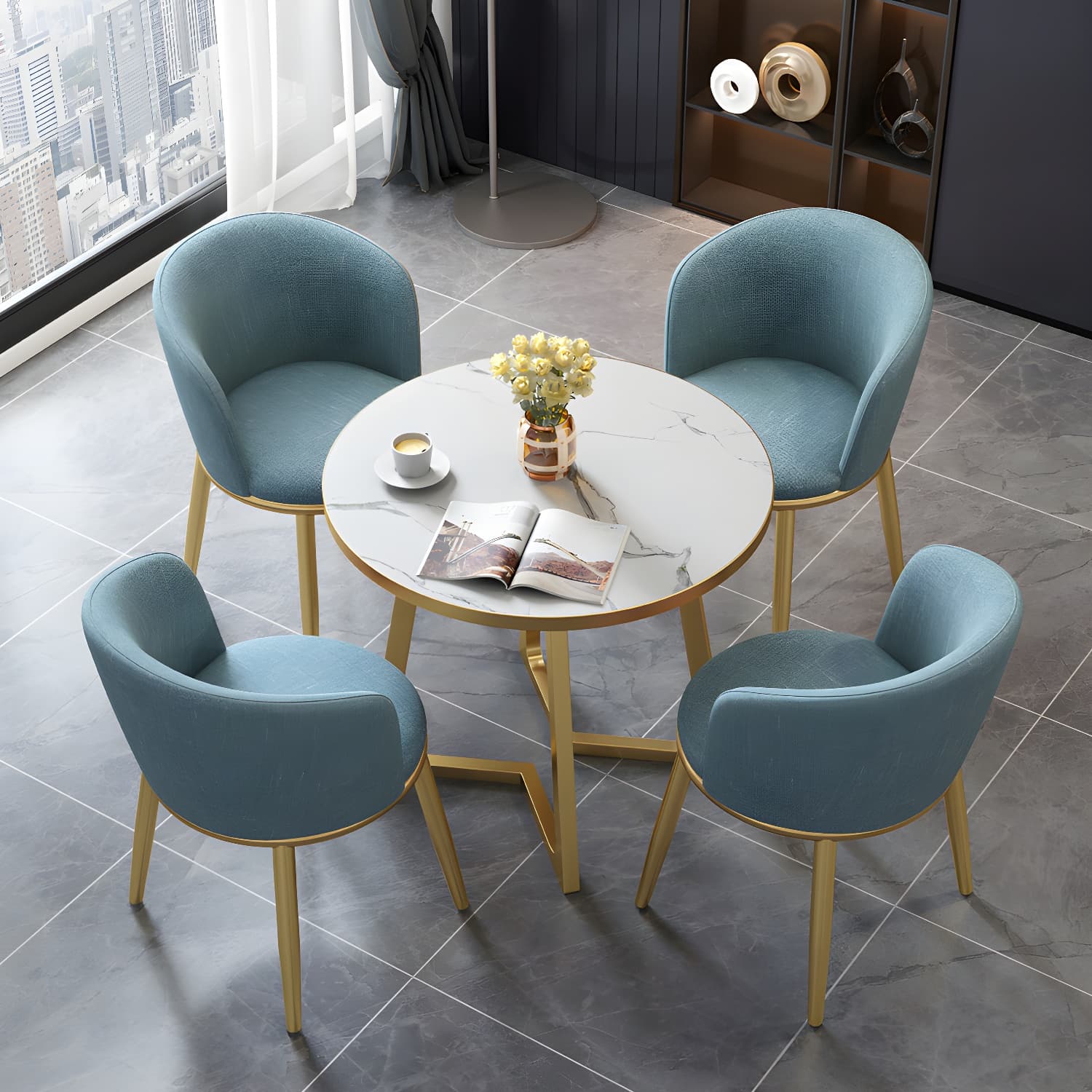 5 Piece Round Shape Wood Top Dining Room Chair and Table Set - image 3