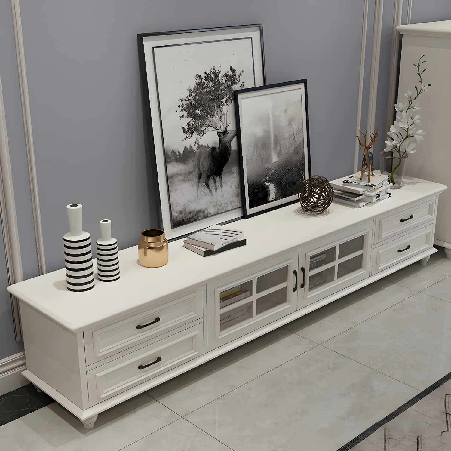 Modern Wood TV Stand with Drawers, Shelves, and Legs - Low Height - Cable Management