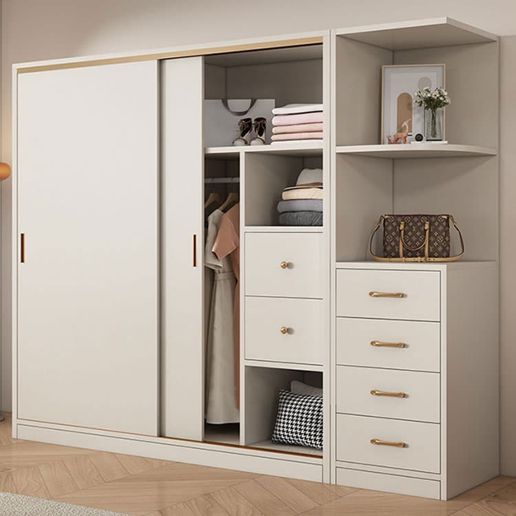 Modern White Wood Wardrobe Armoire with Sliding Doors and Soft Close Drawers - image 3