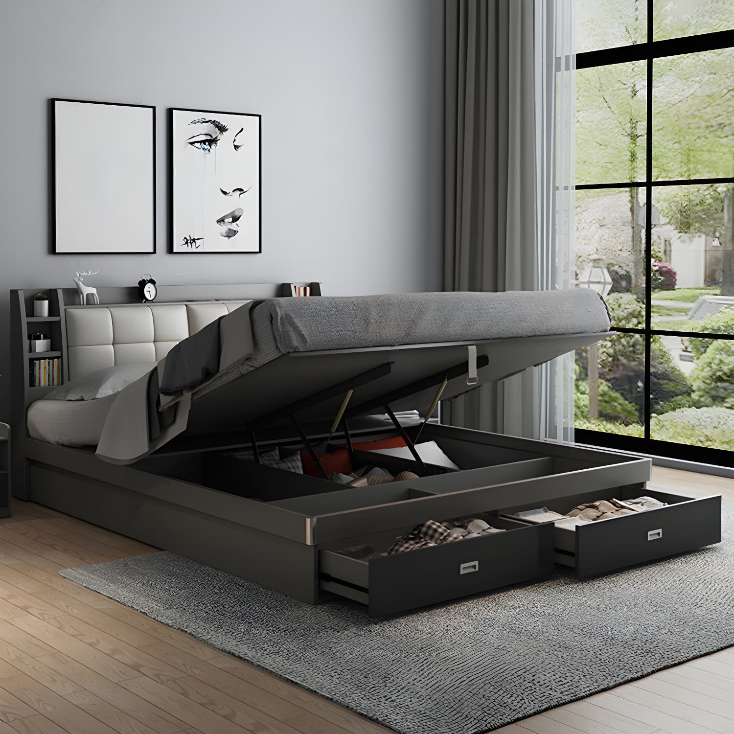 Upholstered Headboard Standard Bed with Storage Gray Wood 38.58" High - image 10