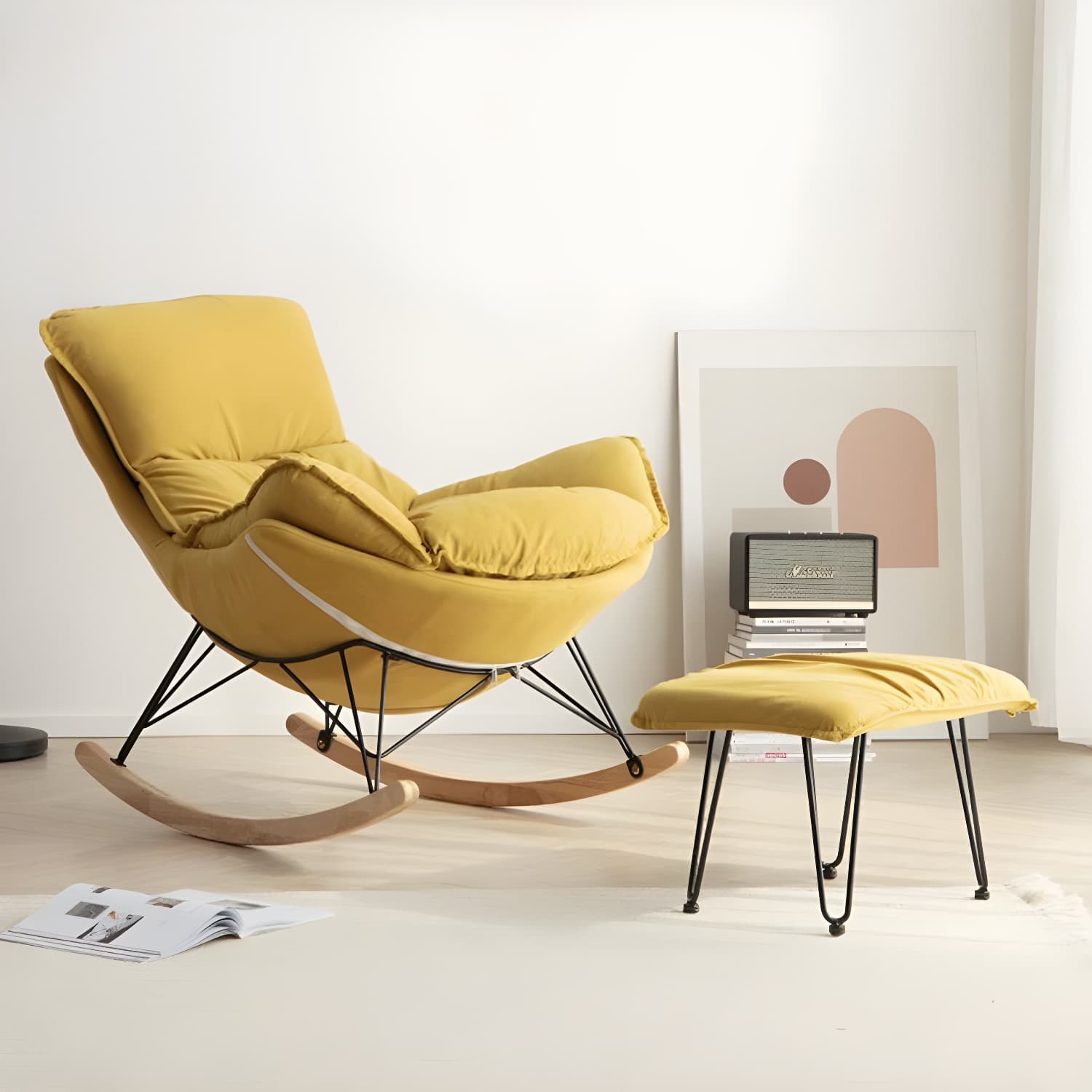 Modern Upholstered Rocking Chair with Ottoman Set - Natural Wood Legs - image 12
