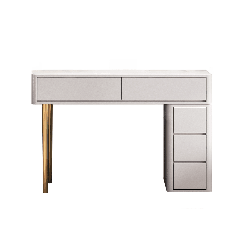 Vanity Set with Stone Table Top, Light Gray Upholstered Chair, 5 Drawers, Mirror Lights, and Push-Pull Lighting - image 3