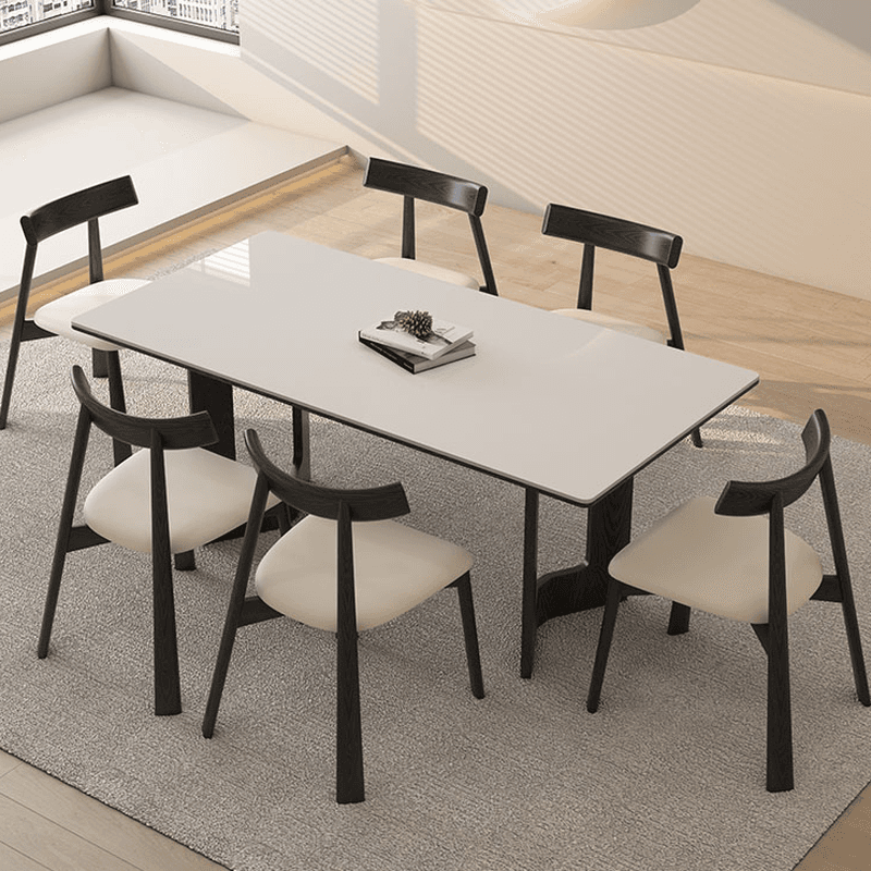Slate Dining Table Set with Two-sided Pedestal, Padded Chair, and Back for 4 People - 5-piece in White