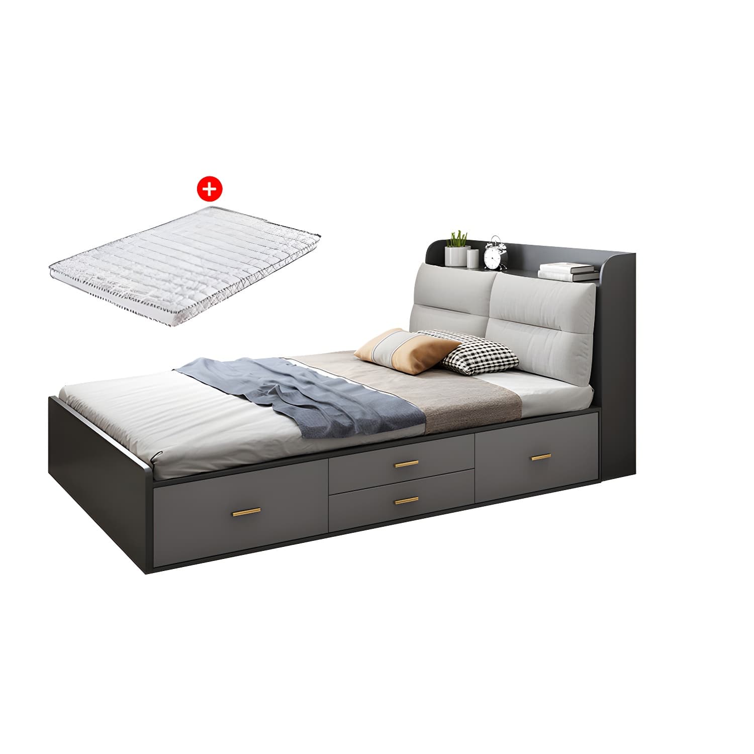 Scandinavian Low Profile Bed with Headboard Upholstered Bed with Drawers - image 16