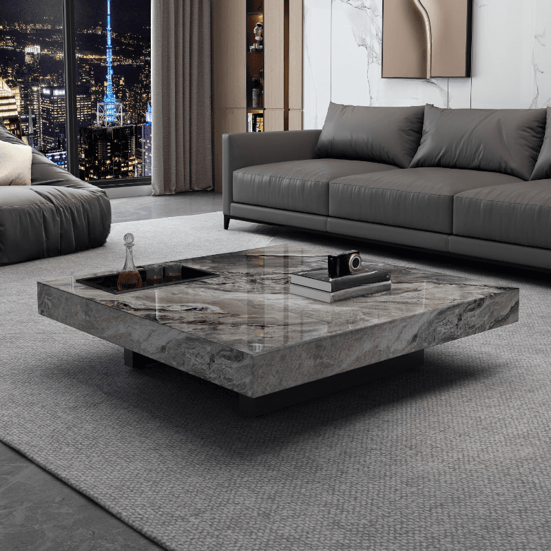 Contemporary Square Stone Top Sled Base Accent Table for Indoor Use