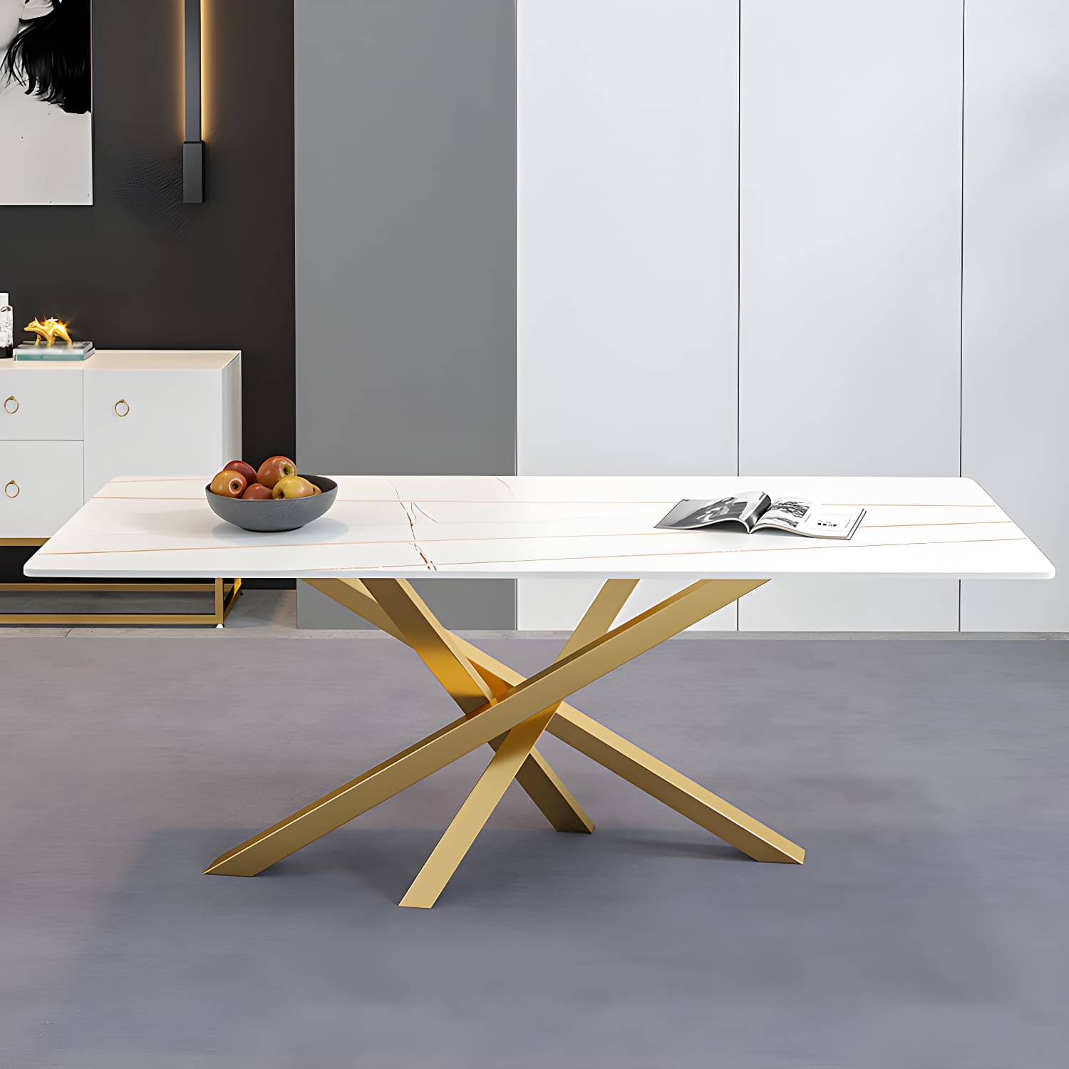 Luxury Sintered Stone Top Dining Table Rectangle Table with Metal Pedestal - image 4