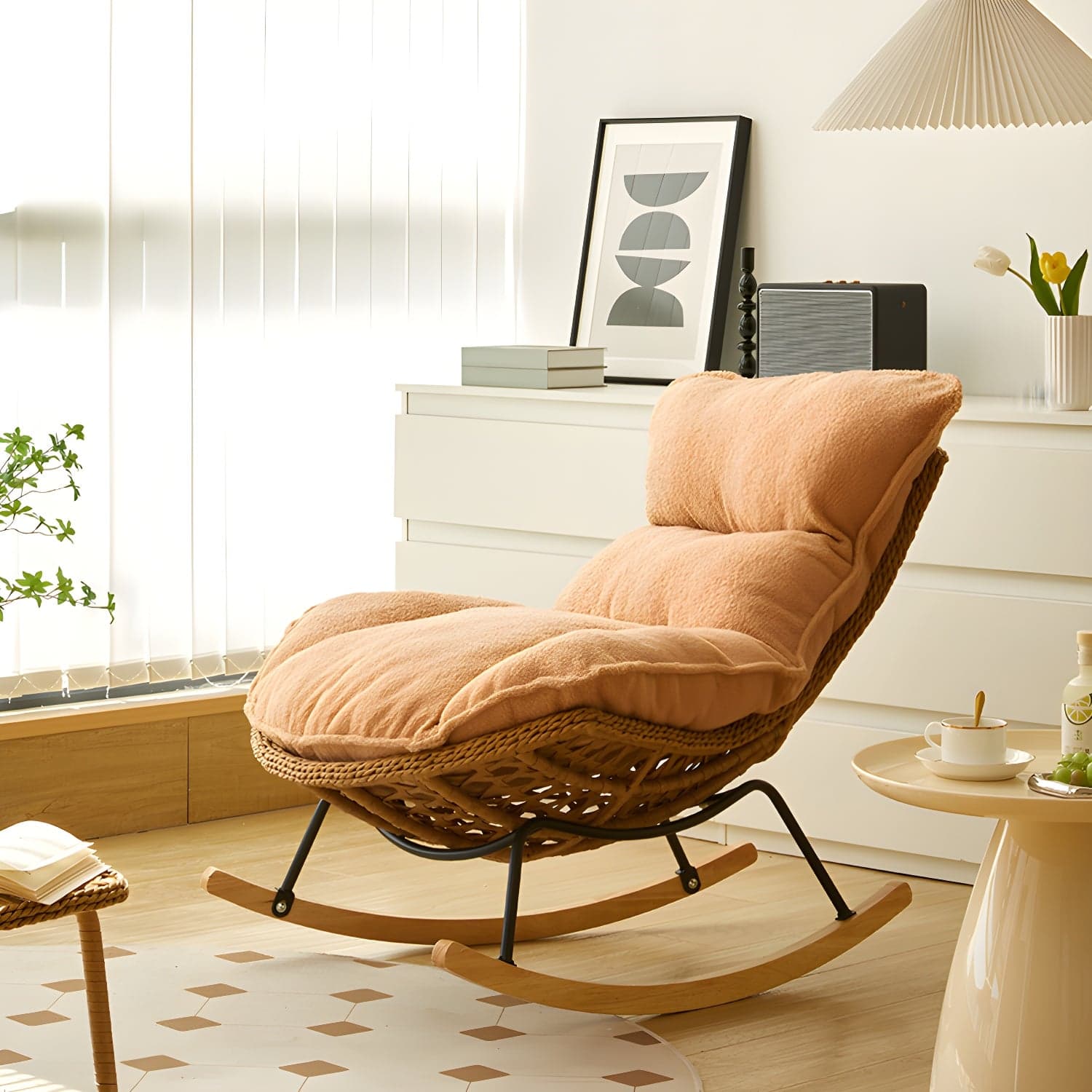 Rattan Brown Frame Rocking Chair Solid Wood Armless for Outdoor - image 4