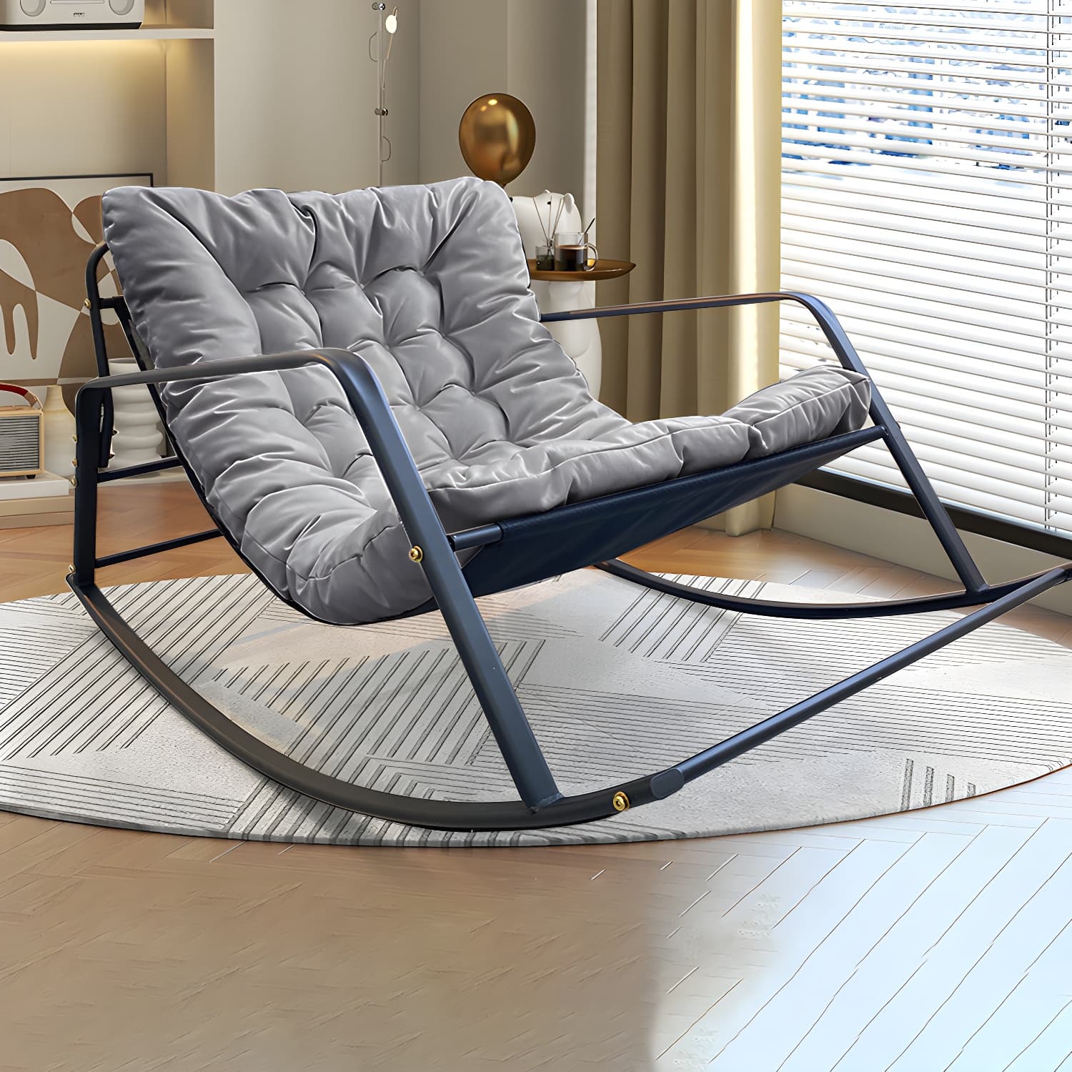 Stylish and Comfortable Modern Black Metal Rocking Chair with Removable Cushions