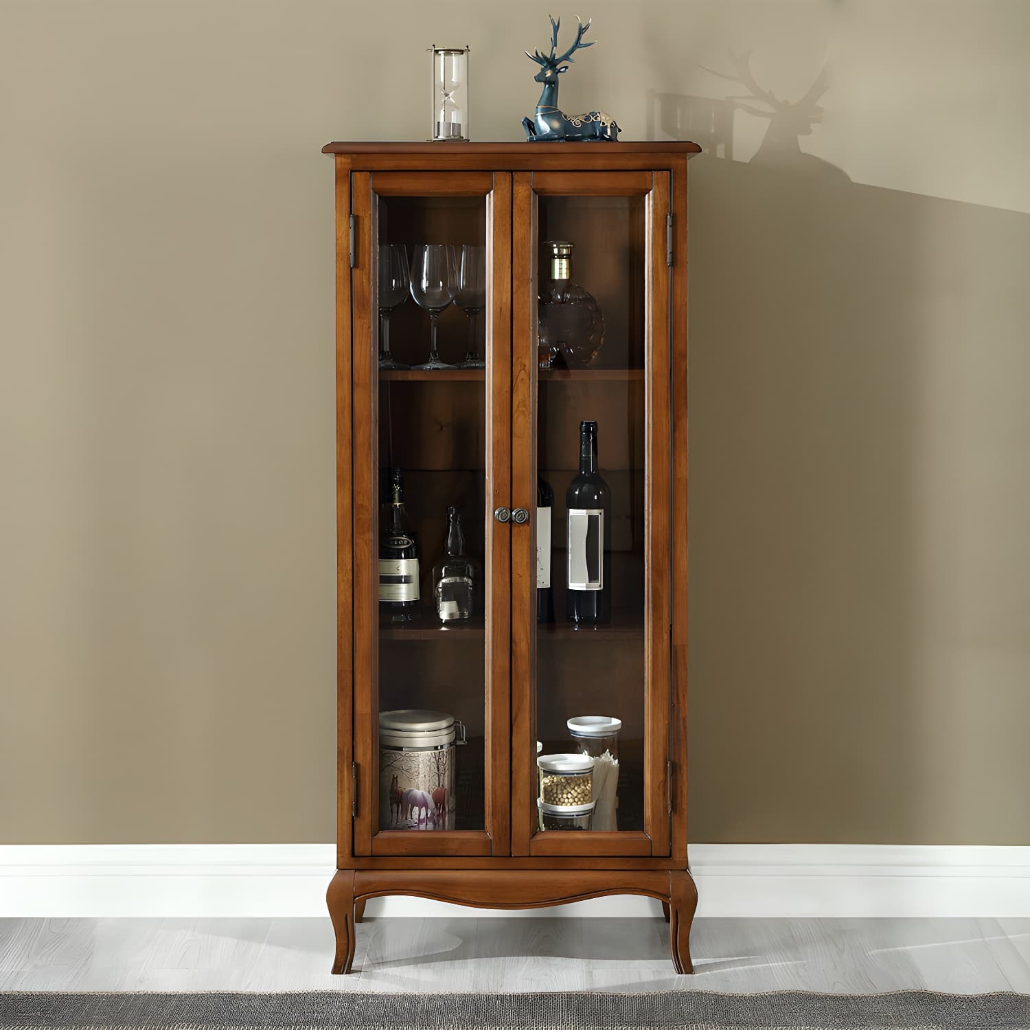 Mid-century Modern 51.18" Tall Glass Paned Accent Cabinet, Wooden Rectangle Cabinet