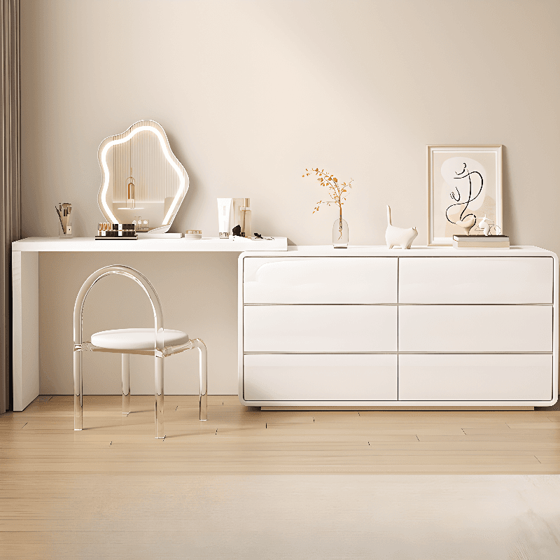 Large White/Transparent Vanity Set with 6 Drawers, Polymer/Lumber Frame, Lighted Mirror, and Scalable Chair