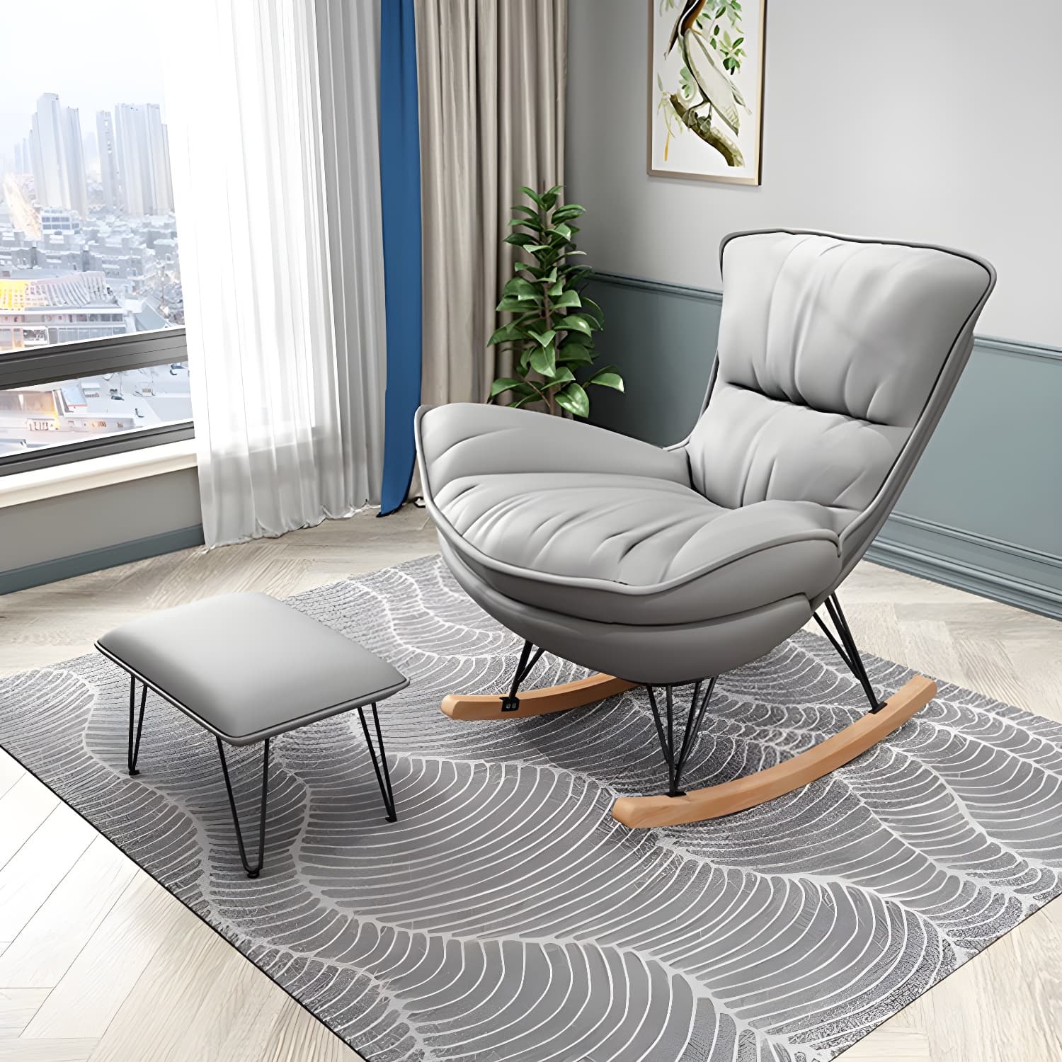 Stylish Modern Indoor Rocking Chair with Ottoman - Upholstered Seat and Natural Wood Legs - image 5