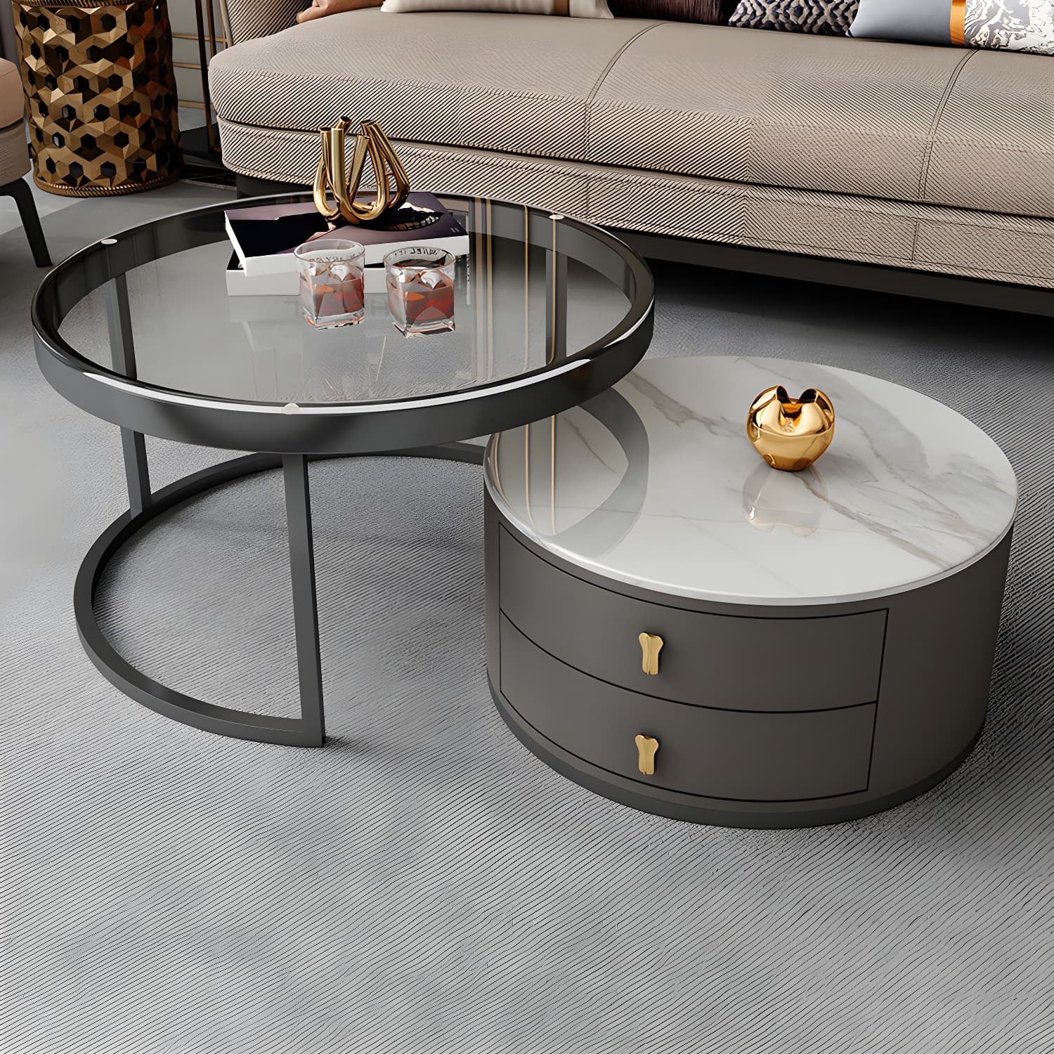 Modern Coffee Cocktail Table Round Nesting Coffee Table Set with Drawer - image 6