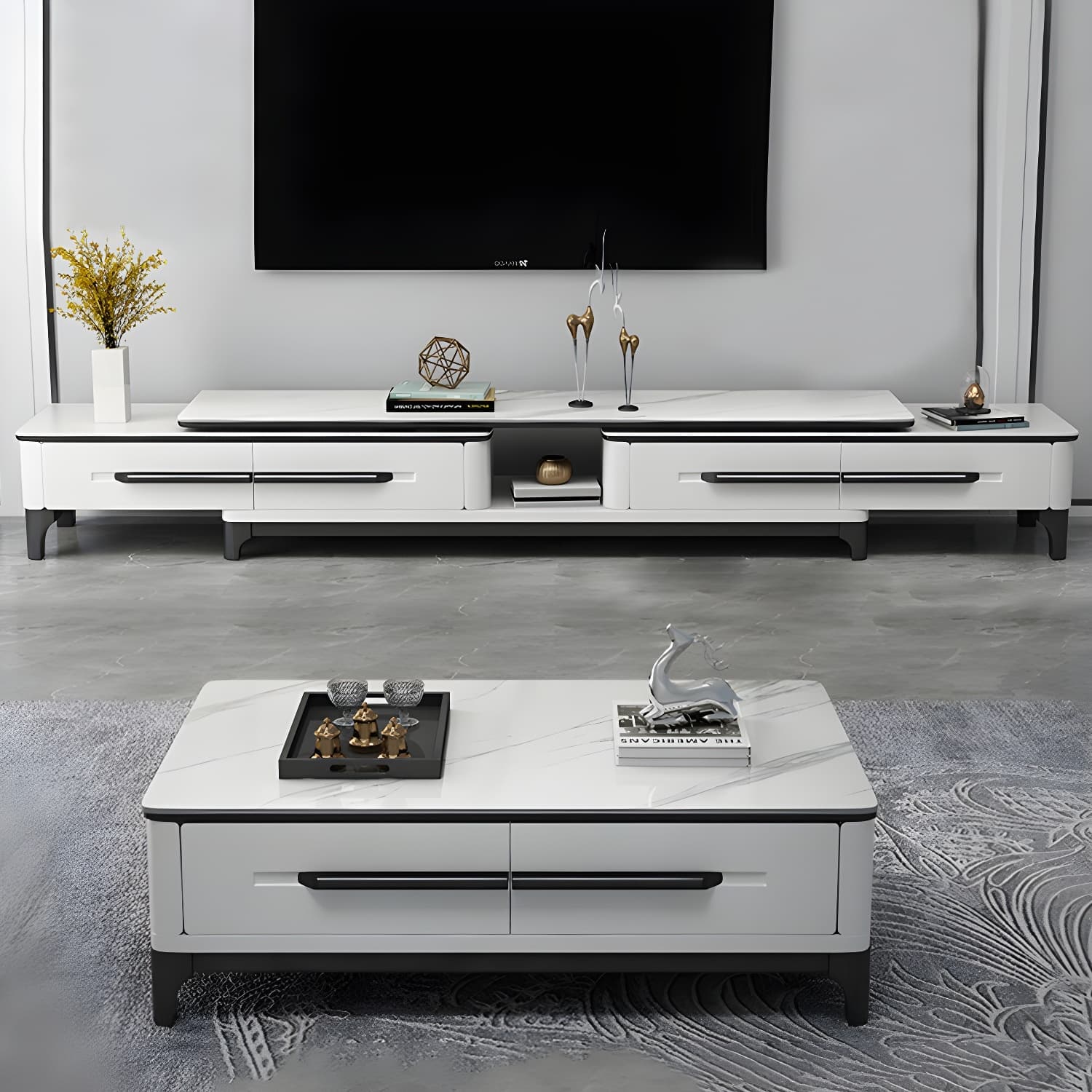 Modern Stone TV Stand with Long Length, Open Storage and Drawers featuring Wood Shelves - image 5