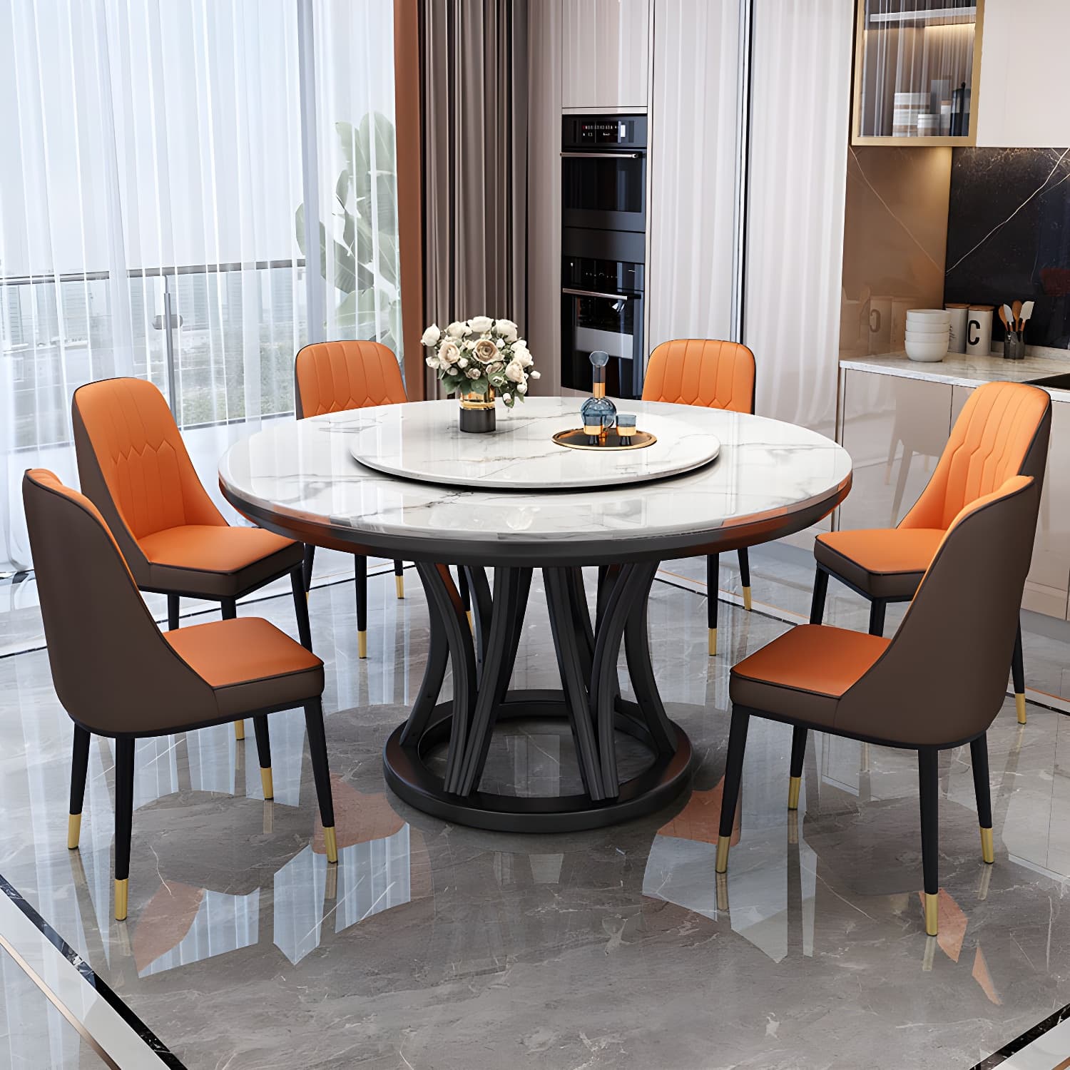 Modern Stone Round Folding Table Solid Wood Pedestal Casual Dining Table - image 12